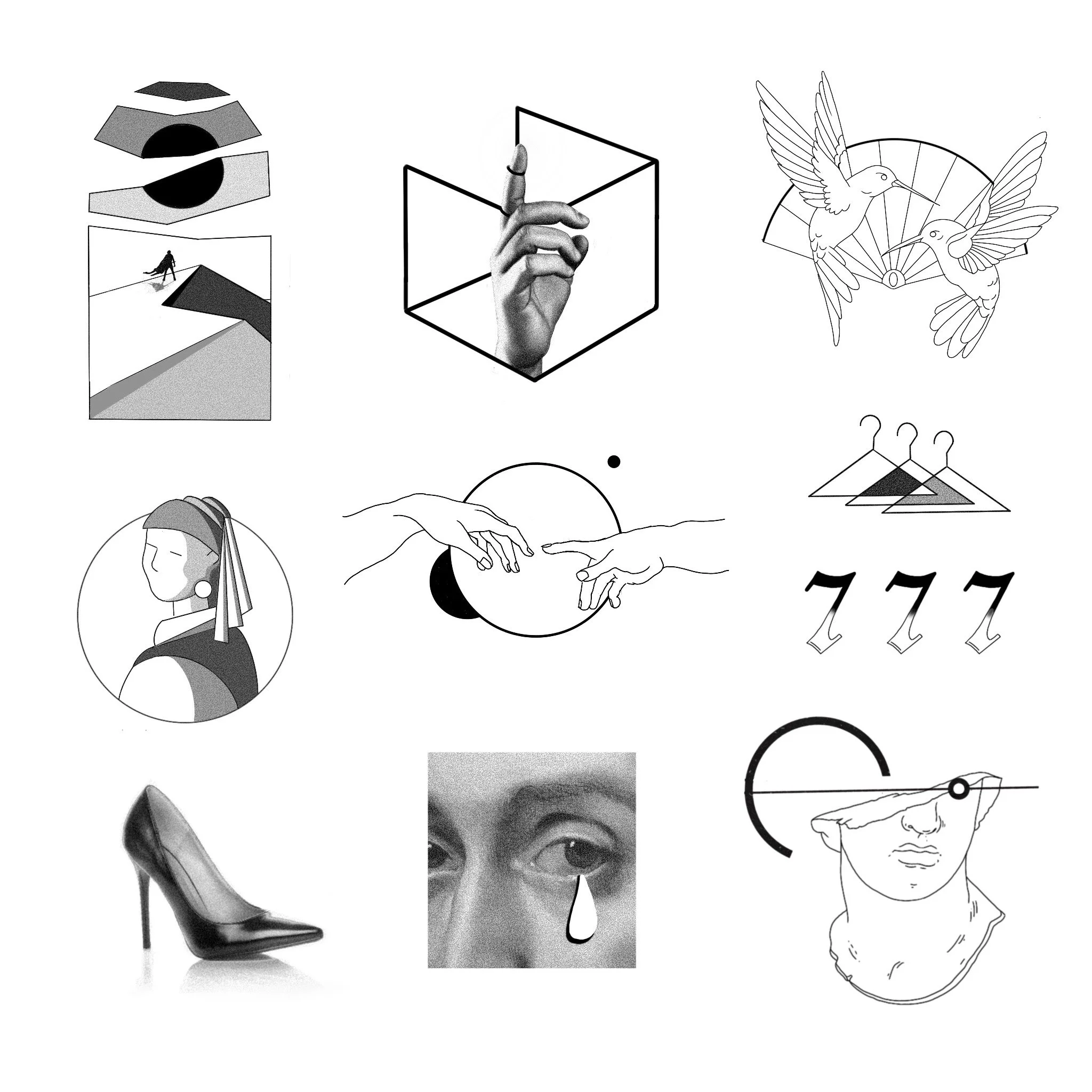 A collage of various artistic black-and-white illustrations, including hands reaching out, hummingbirds with a fan background, a woman in profile with a headscarf, a high heel shoe, a close-up of a person's eye with a tear, and abstract geometric and surreal designs.