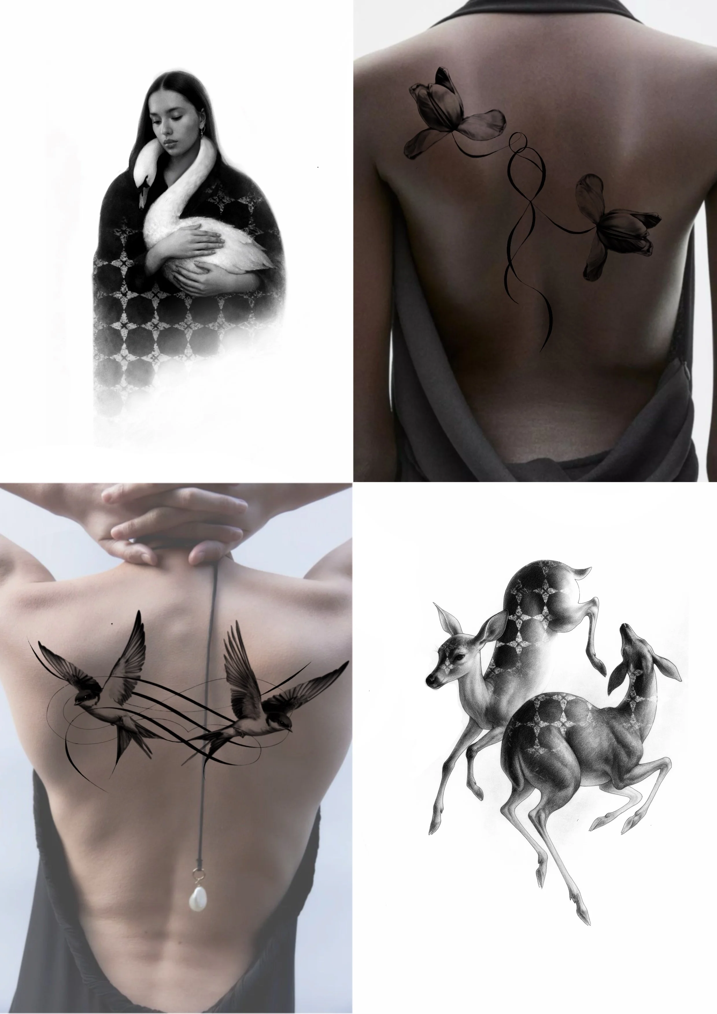 A collage with four images. Top left: a black-and-white portrait of a woman holding a swan. Top right: a person's back with a tattoo of two tulips. Bottom left: a person's back with a tattoo of two hummingbirds connected by lines. Bottom right: a drawing of two deer with decorative patterns.
