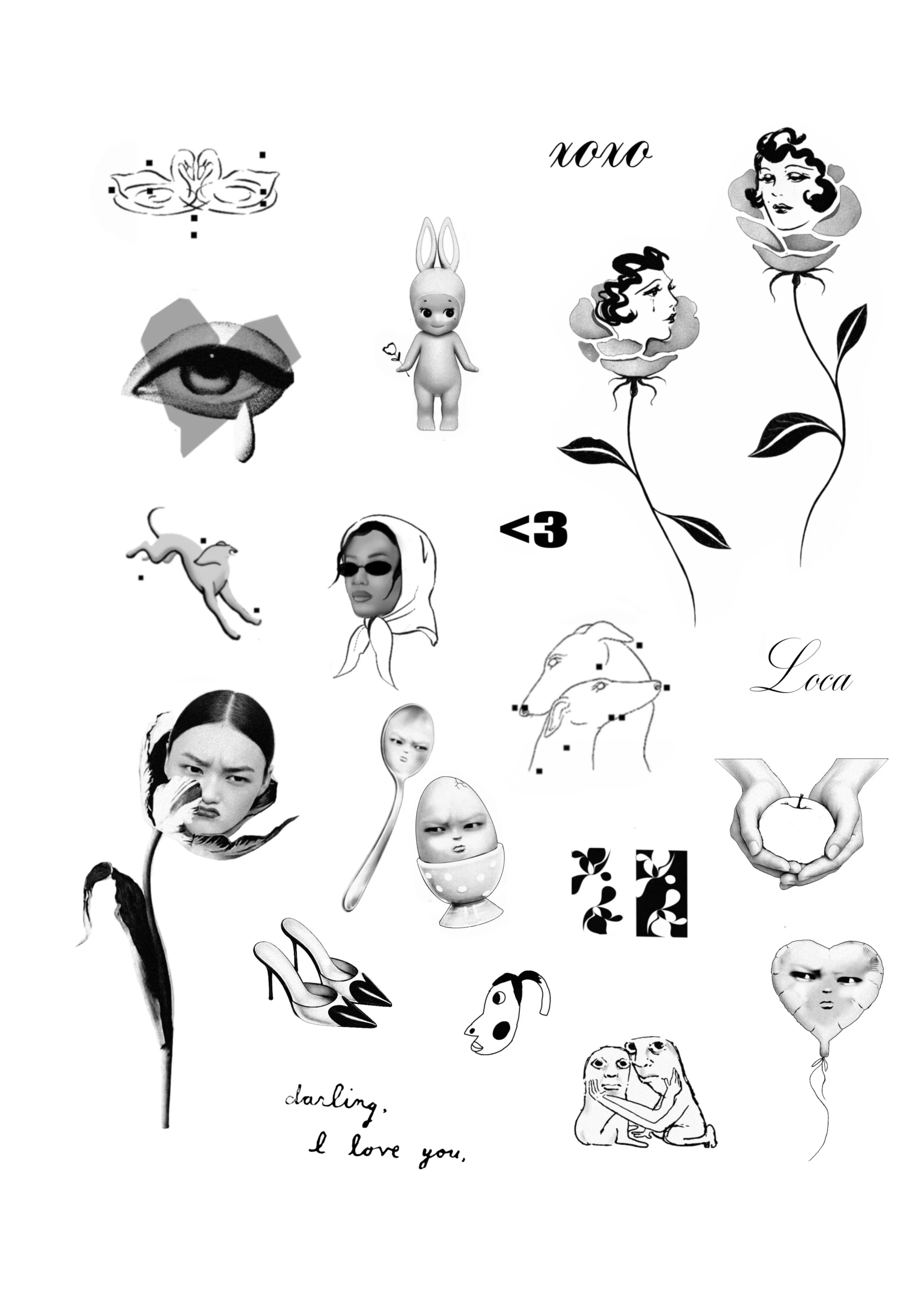 A collage of various black-and-white images including illustrations of flowers, faces, animals, emojis, and text like "XOXO," "<3," and "darling, I love you." There are also images of a doll, a spoon with a face, shoes, a heart-shaped balloon with a face, and a pair of hands holding an apple.