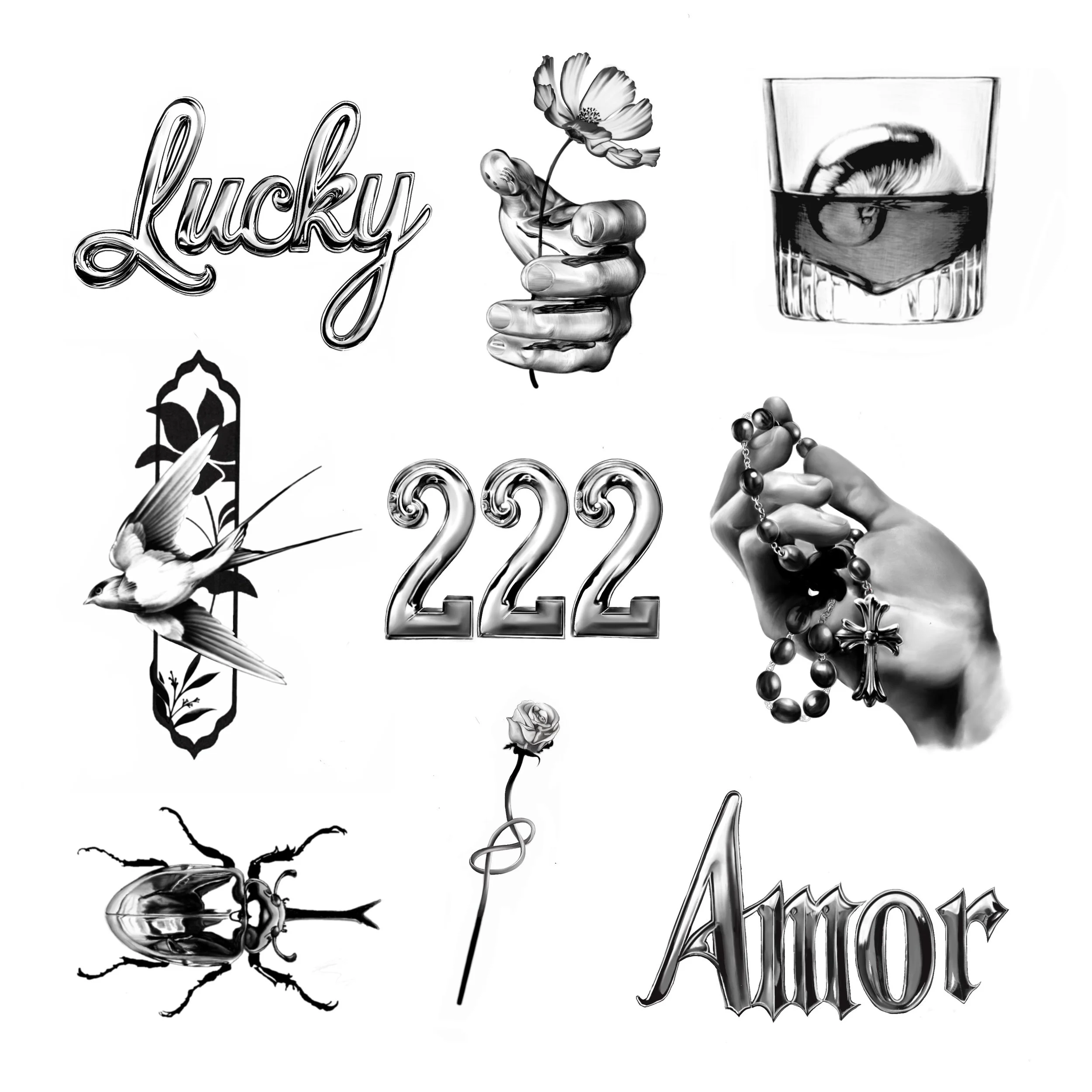 Black and white collage of various symbols including the word 'Lucky,' a hand holding a flower, a glass of whiskey with an ice cube, a bird in flight, the number '222,' a hand holding rosary beads, a beetle, a rose, and the word 'Amor' in stylized font.