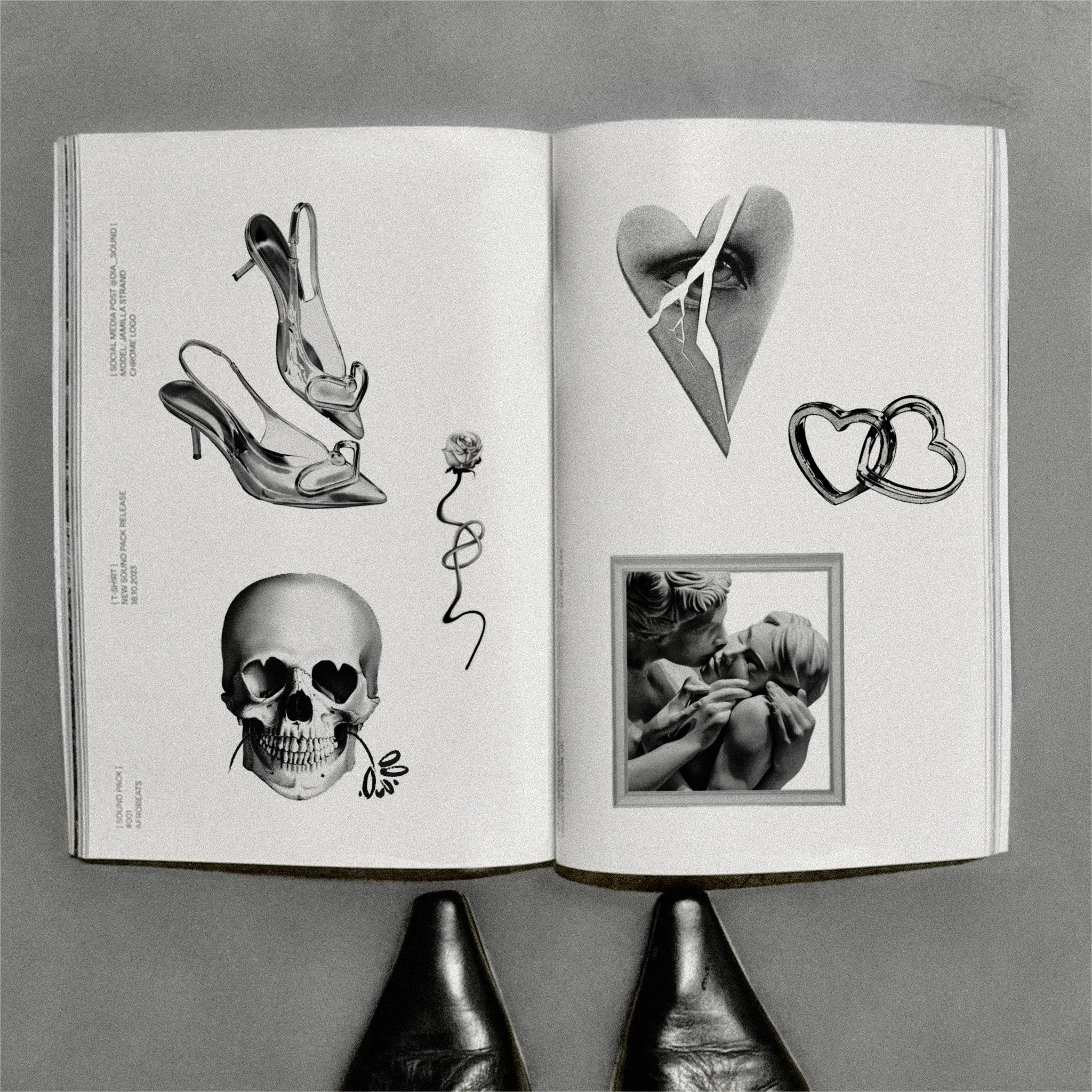 An open magazine with black and white illustrations and photographs, including high-heeled shoes, a skull, a rose, a broken heart with an eye, interlocked rings, and a sculpture of kissing figures.