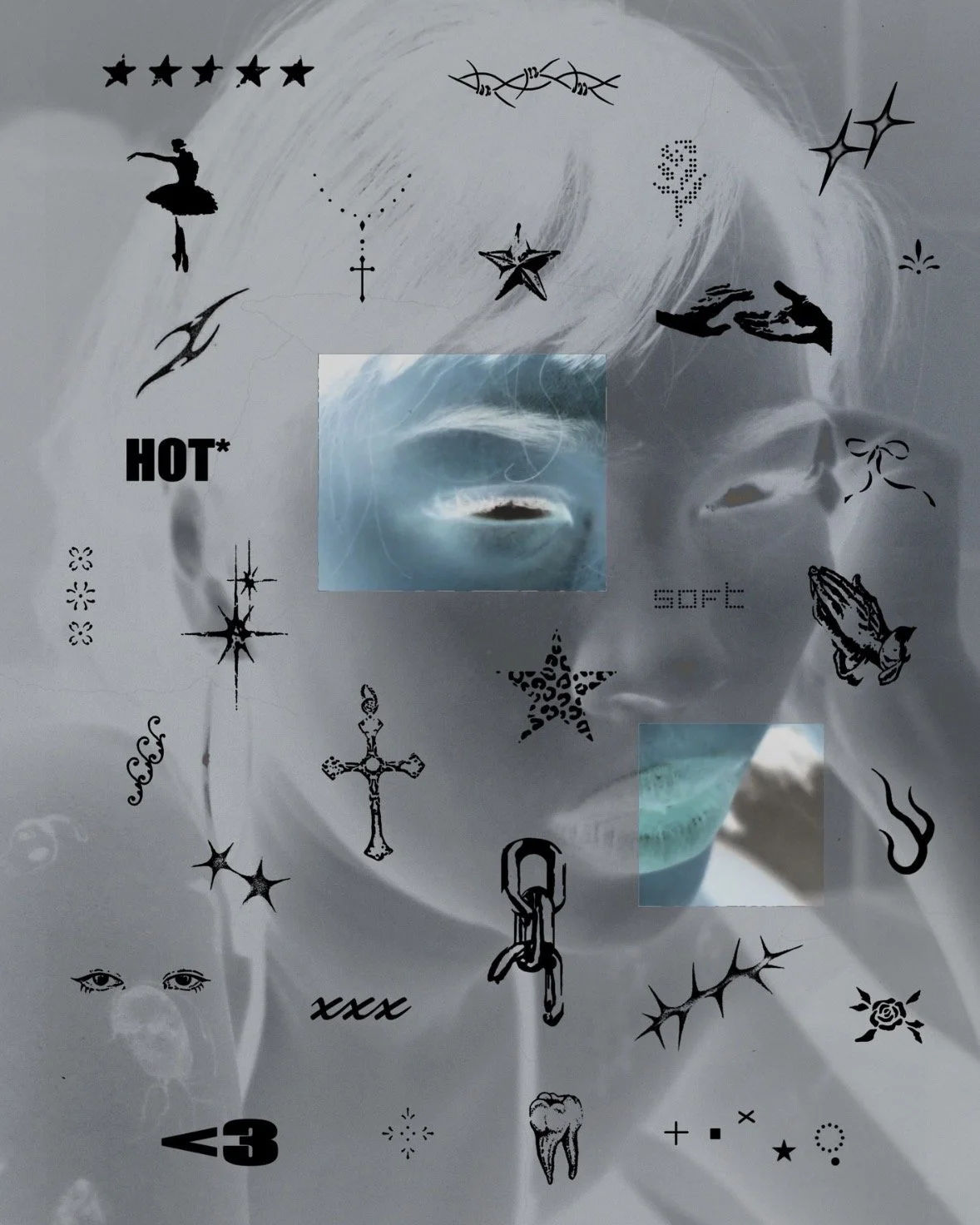 A person with a shaved head covered in various small black tattoo-style drawings and symbols, including stars, a cross, a butterfly, a chain, eyes, a tooth, and other designs, with two squares placed over the face.