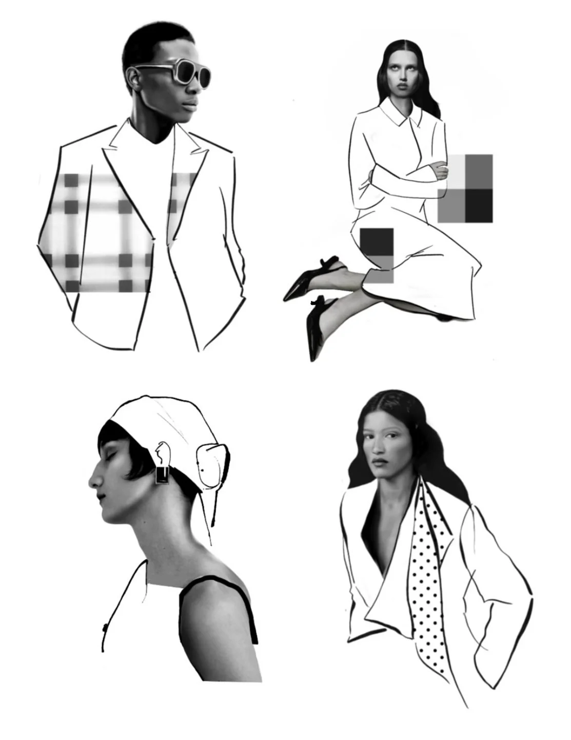 Black-and-white fashion illustrations of four women with varying hairstyles and outfits, some with partial photographic facial features, set against a plain background.