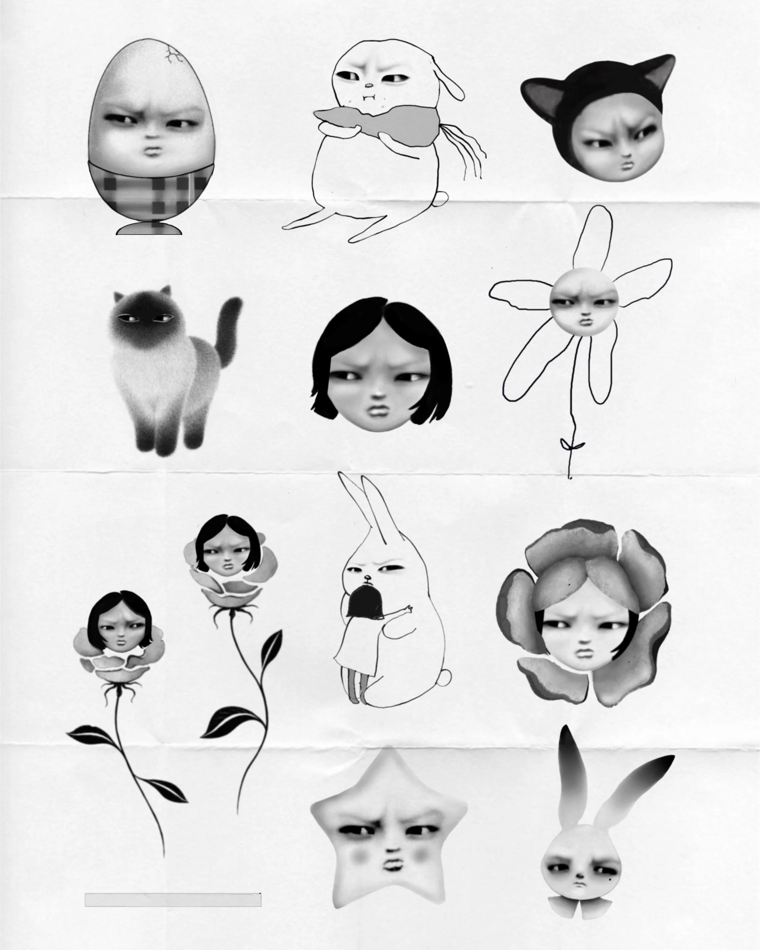 Collection of black and white cartoon characters with human faces, including an egg, bunny, cat, flower, and star, each with a serious expression.