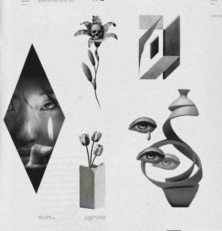 Collage of surreal images including a woman's face seen through a vertical tear in paper, a flower with a skull and leaves, a geometric abstract shape, a vase with three tulips, an eye with a tear, and an abstract sculpture with eyes.