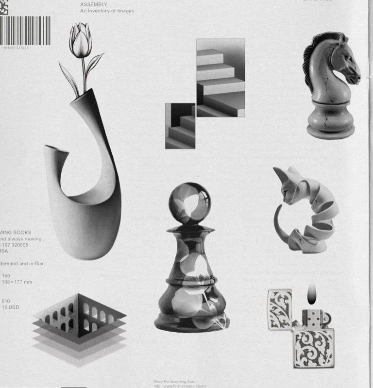 Collection of black and white objects including a tulip in a curved vase, a staircase, a horse chess piece, a crystal ball on a stand, an abstract curled sculpture, a decorative box, and an ornate lighter.