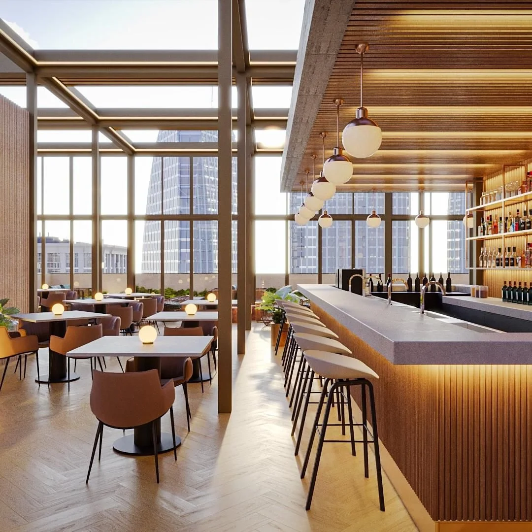Modern rooftop bar and restaurant with large floor-to-ceiling windows, a bar counter with stools, and city skyline views, featuring warm lighting and contemporary decor.