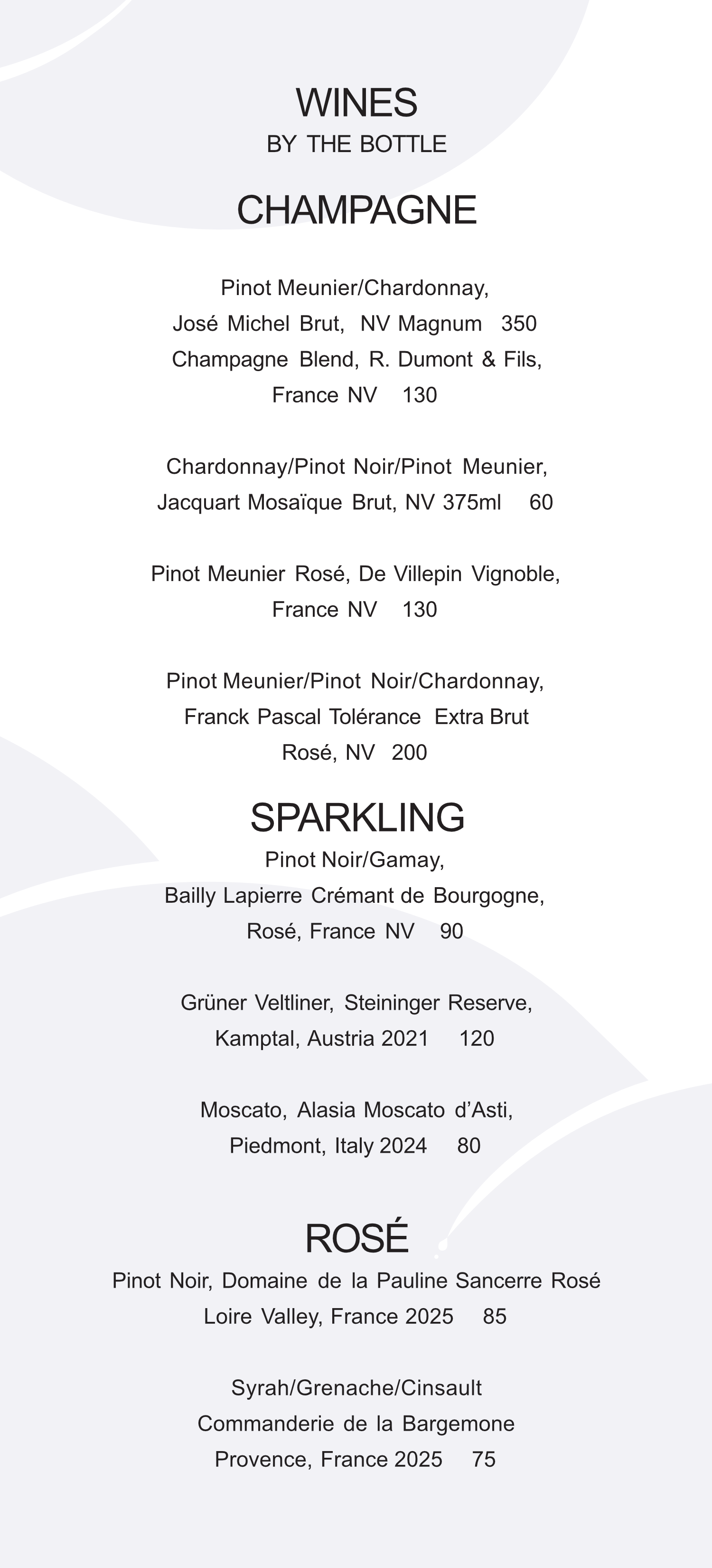 Wine menu listing various types of champagne, sparkling wine, and rosé wine with their respective prices.