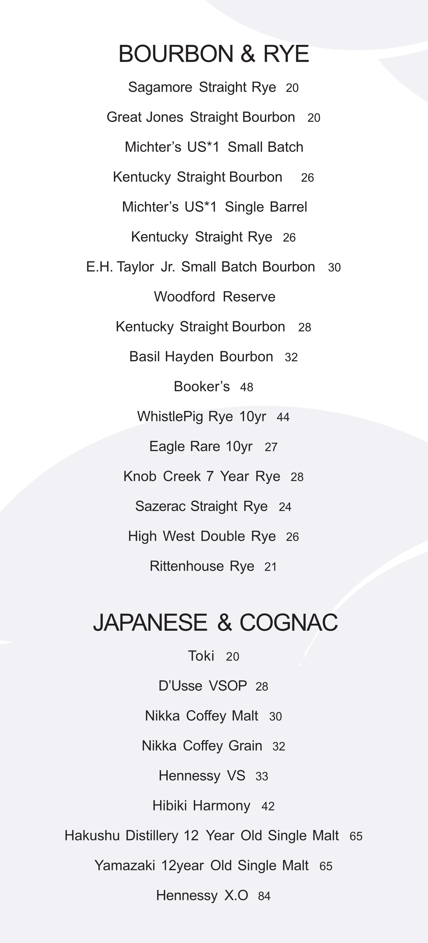 A menu listing different types of bourbon, rye, Japanese whisky, and cognac, with their prices.