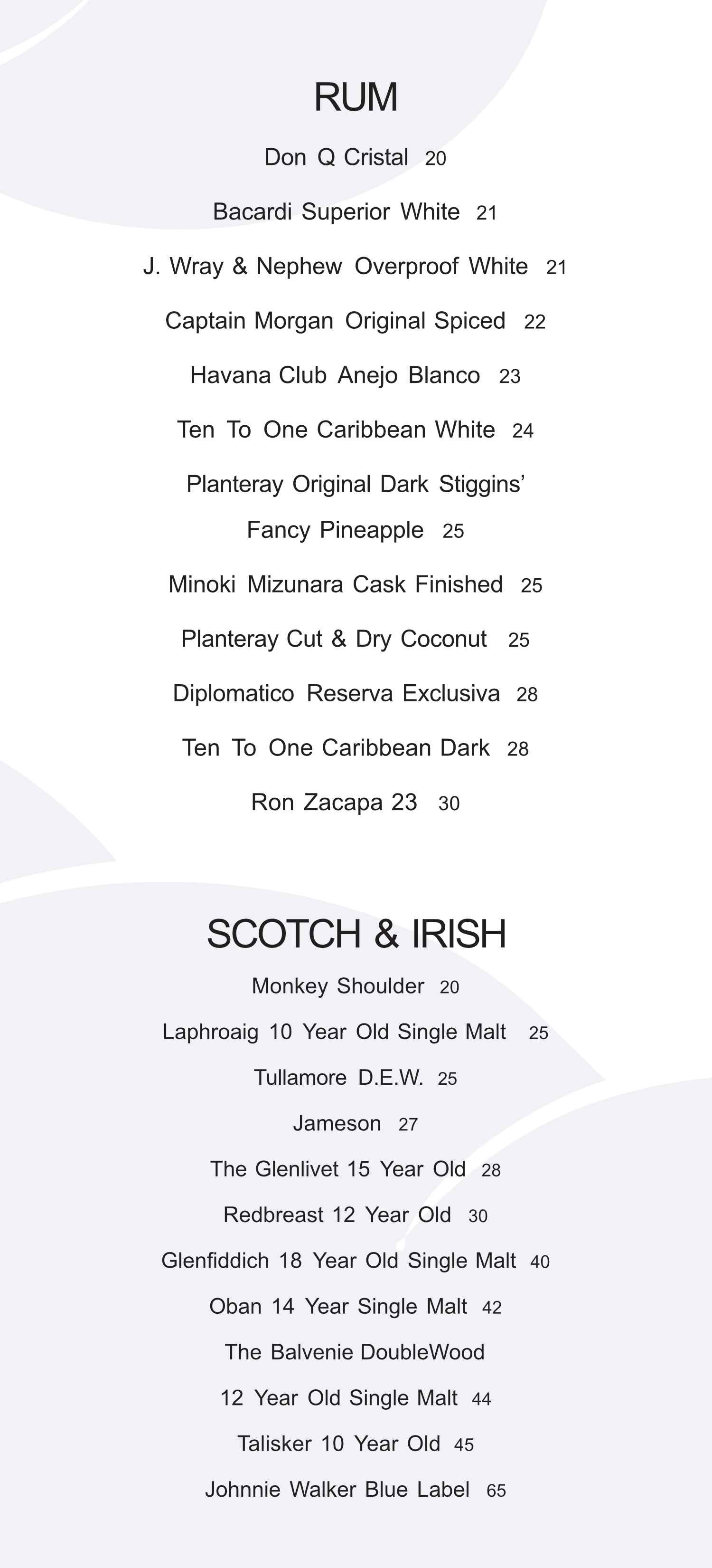 A menu listing a selection of rum and Scotch & Irish whiskies with their names and prices.