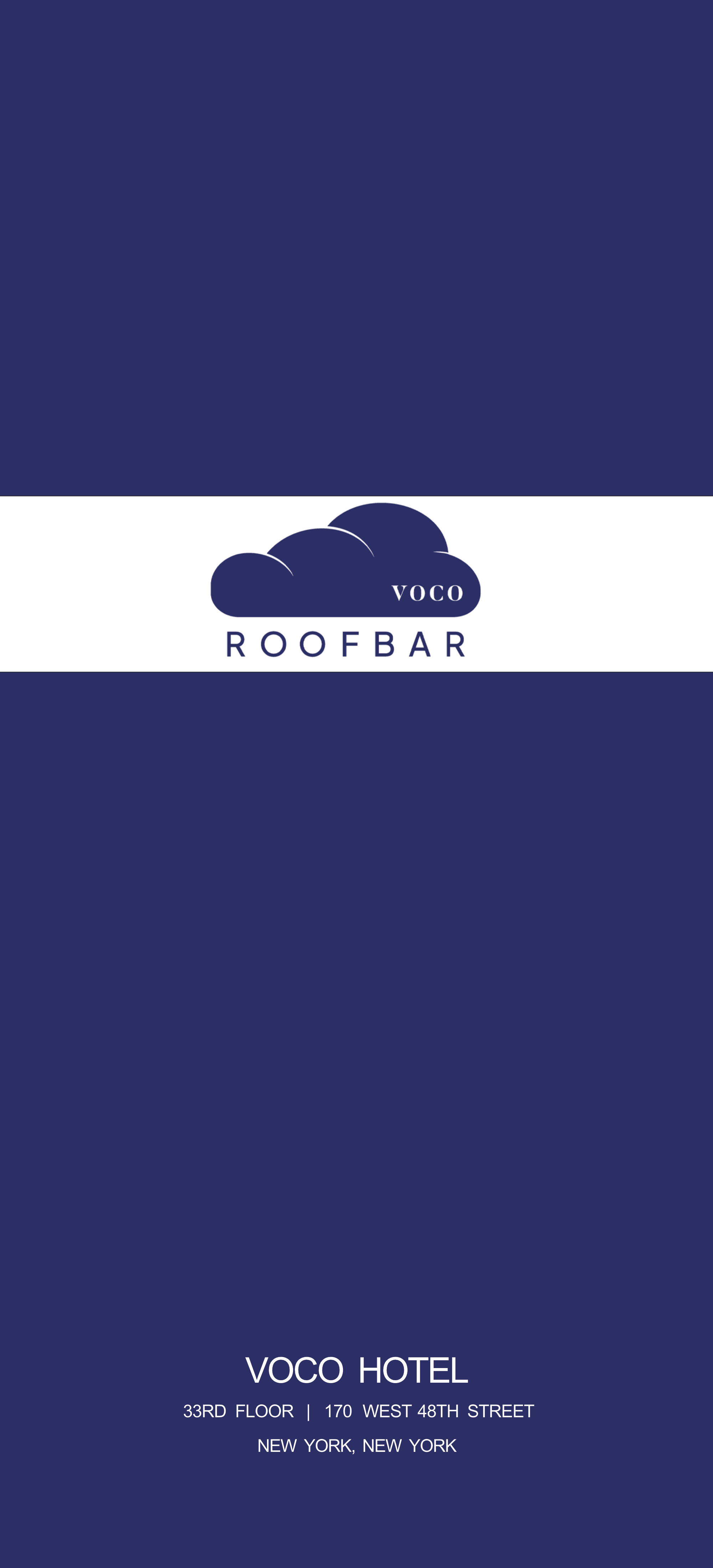 A digital poster for VOCO Roofbar, a rooftop bar located at VOCO Hotel, 33rd floor, 170 West 48th Street, New York, New York. The poster features a navy blue background with a white band across the middle displaying a logo of a cloud with the word VOCO, and the words 'ROOFBAR' underneath.