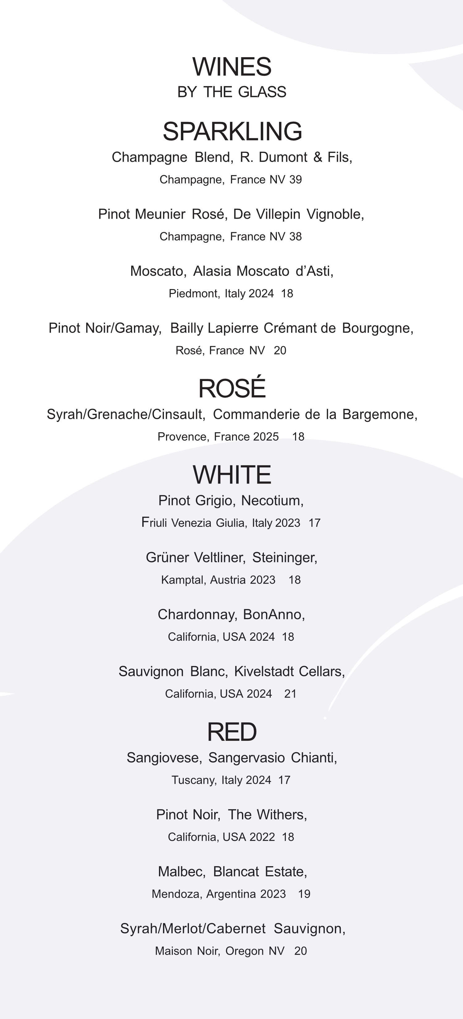 Wine menu listing various wines categorized by type: Sparkling, Rosé, White, and Red, including details on varieties and origins.
