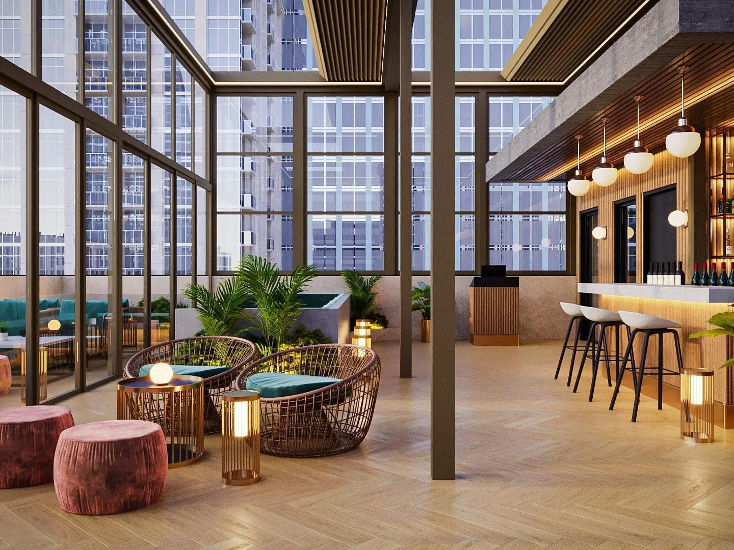 Modern indoor lounge area with floor-to-ceiling windows, green plants, cushioned rattan chairs, pink ottomans, wood bar with white countertops, high bar stools, and warm lighting.