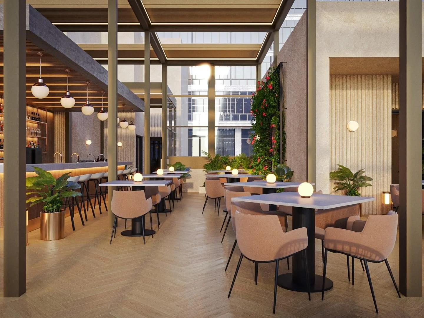 A modern restaurant or lounge with light-colored chairs, white tables, and decorative lighting, featuring large windows, indoor plants, and a green wall.