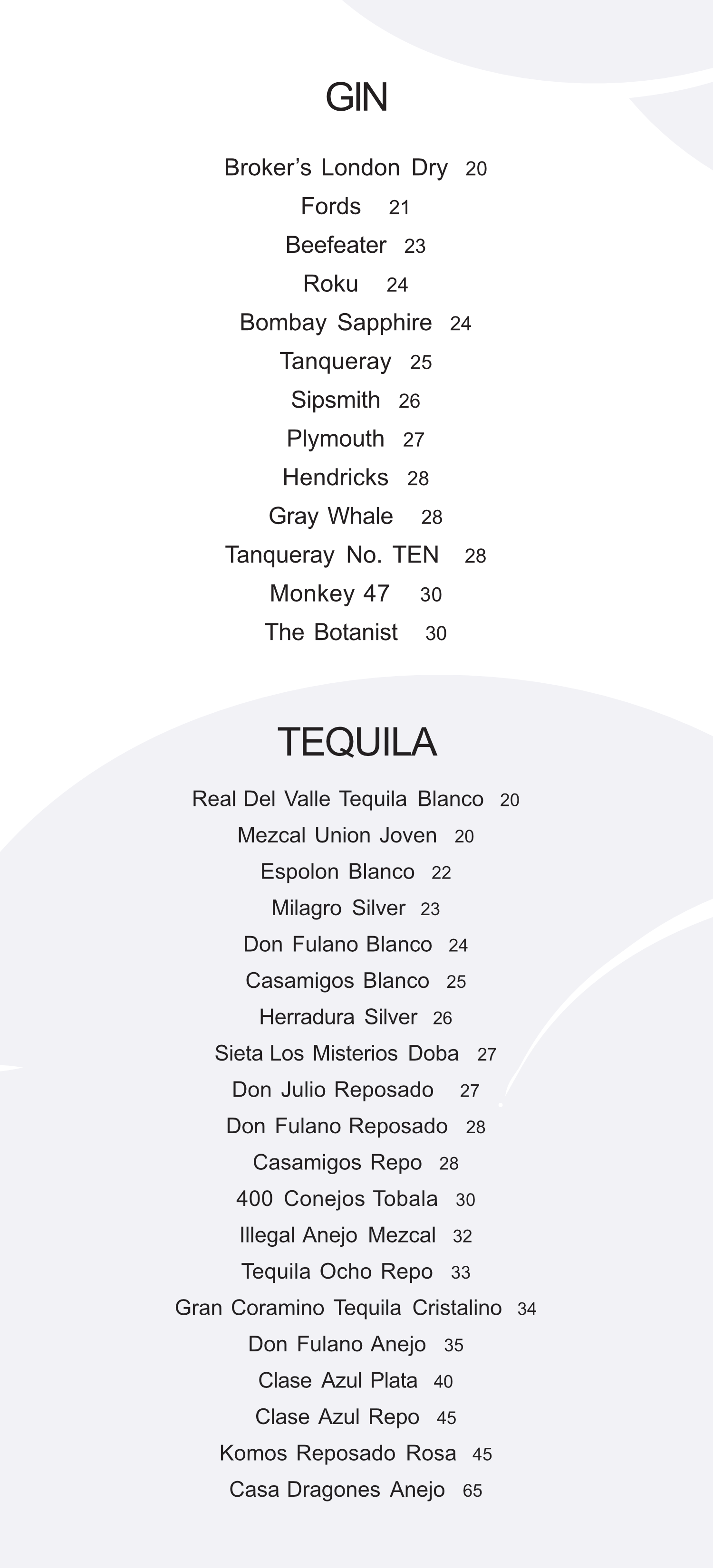Menu displaying cocktails with gin and tequila options, including drink names and prices.