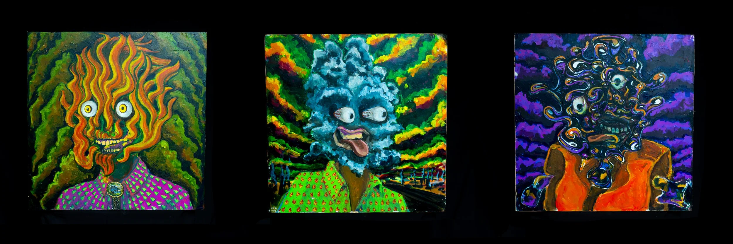 triptych self portrait of destruction, smoke, fie, and floods series of paintings