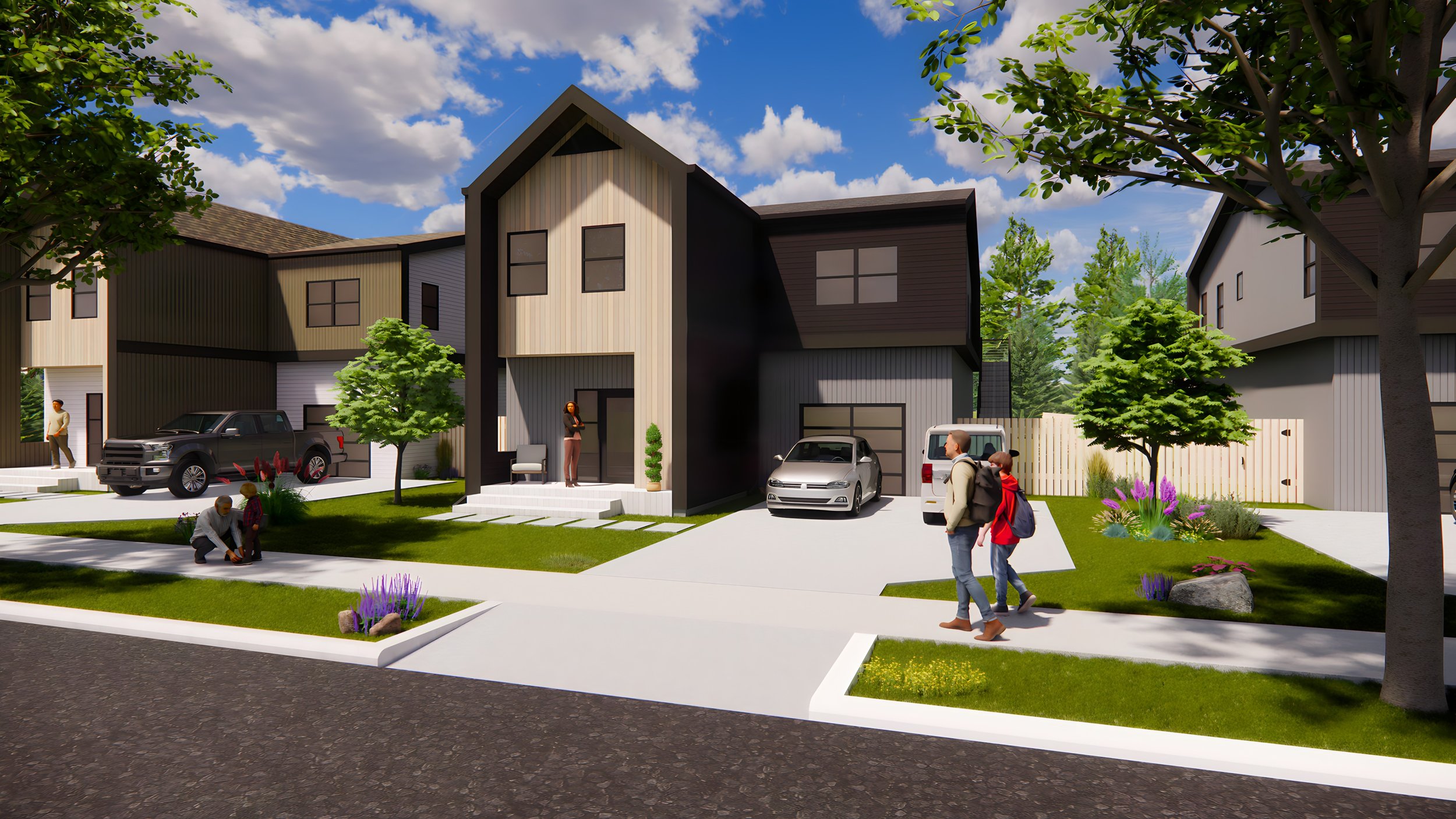 Modern suburban neighborhood with two-story houses, vehicles in driveways, and people interacting on lawns and walkways.