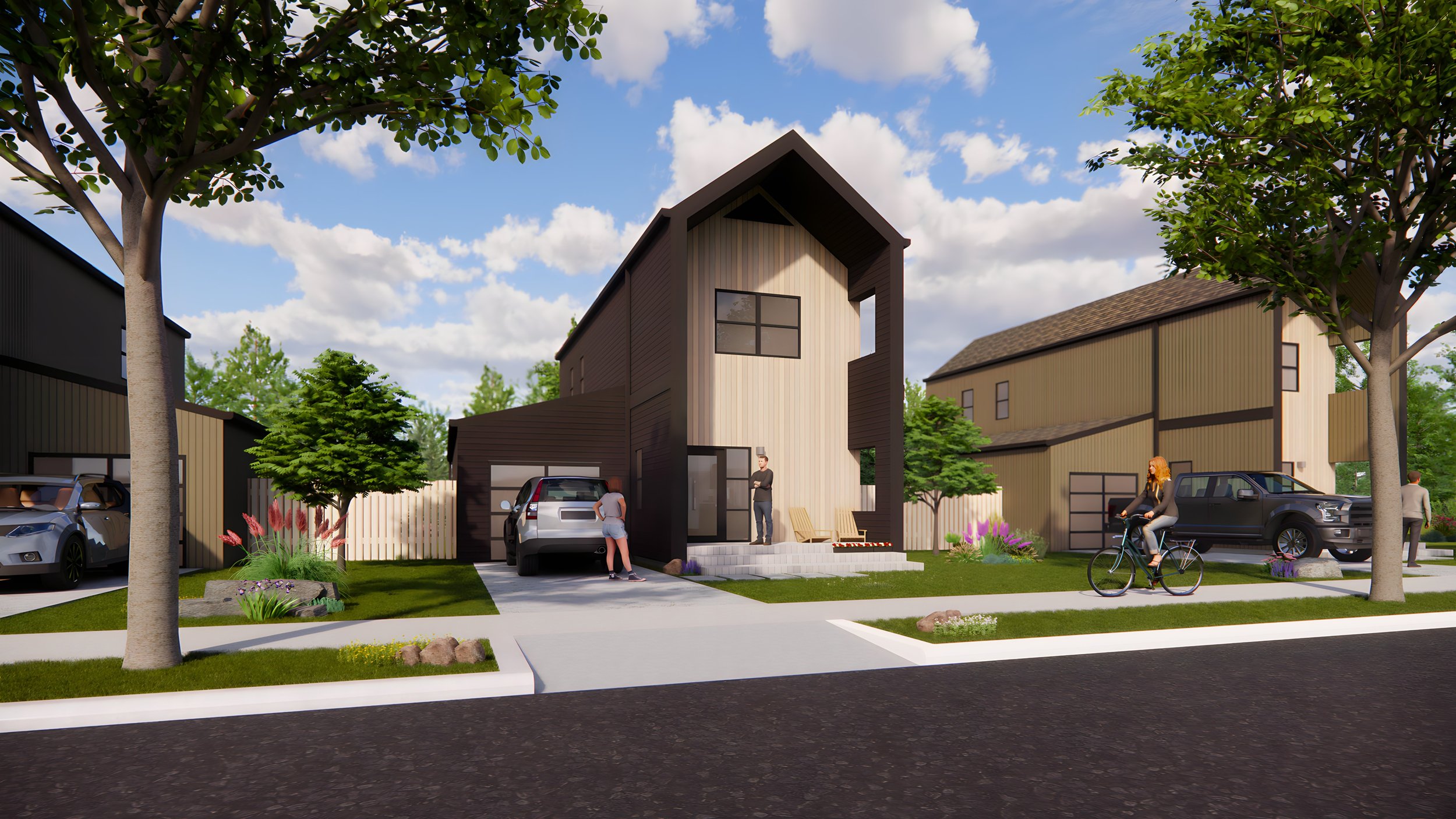 Modern suburban house with a sloped roof, driveway, and a parked car. Two people stand near the entrance, and another person is riding a bicycle on the sidewalk. The yard features landscaping with grass, trees, and flowers. Another similar house is v