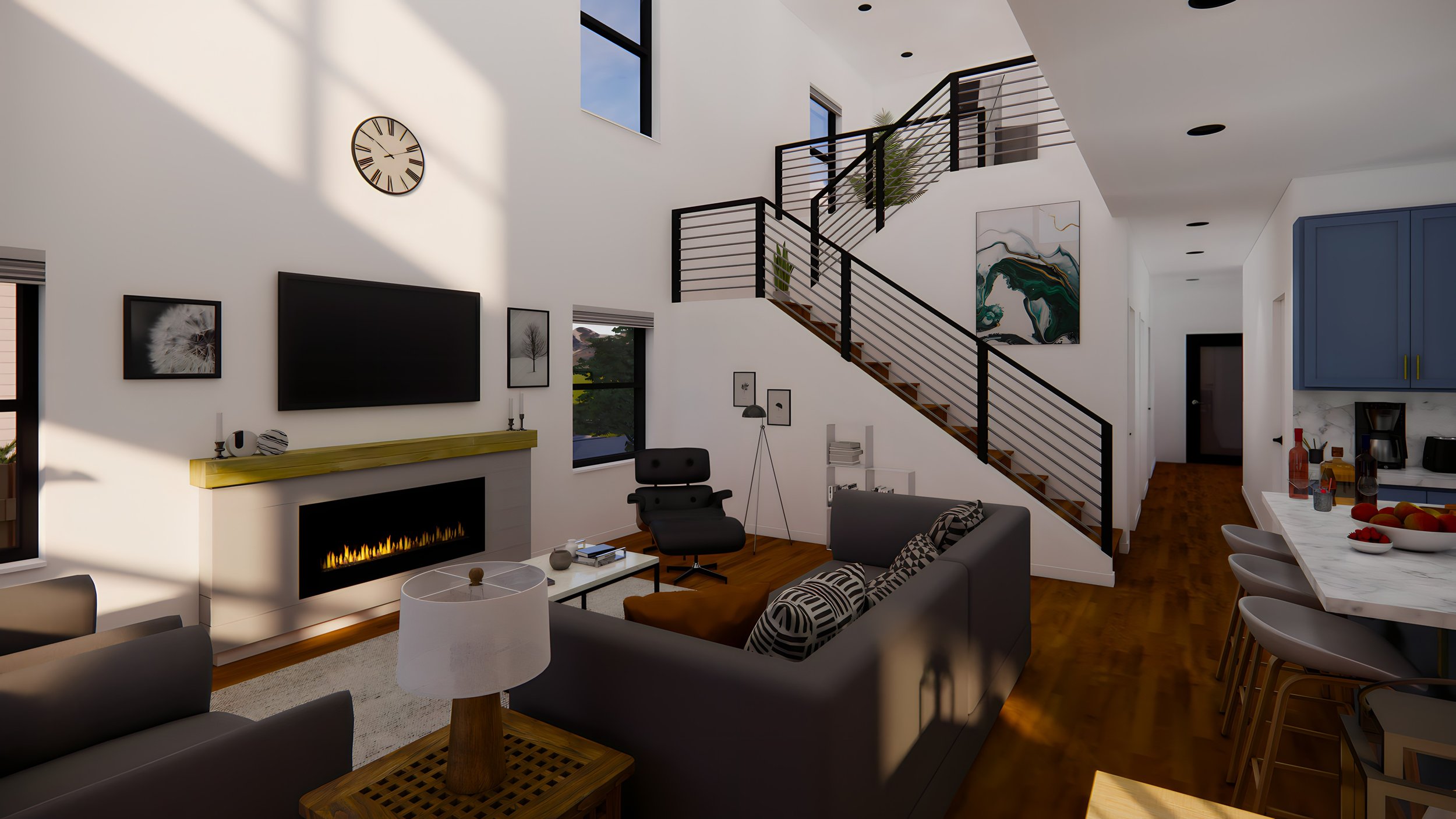 Modern living room with fireplace, flat-screen TV, and stairway, featuring a gray sofa, black armchair, kitchen with island, and minimal decor.