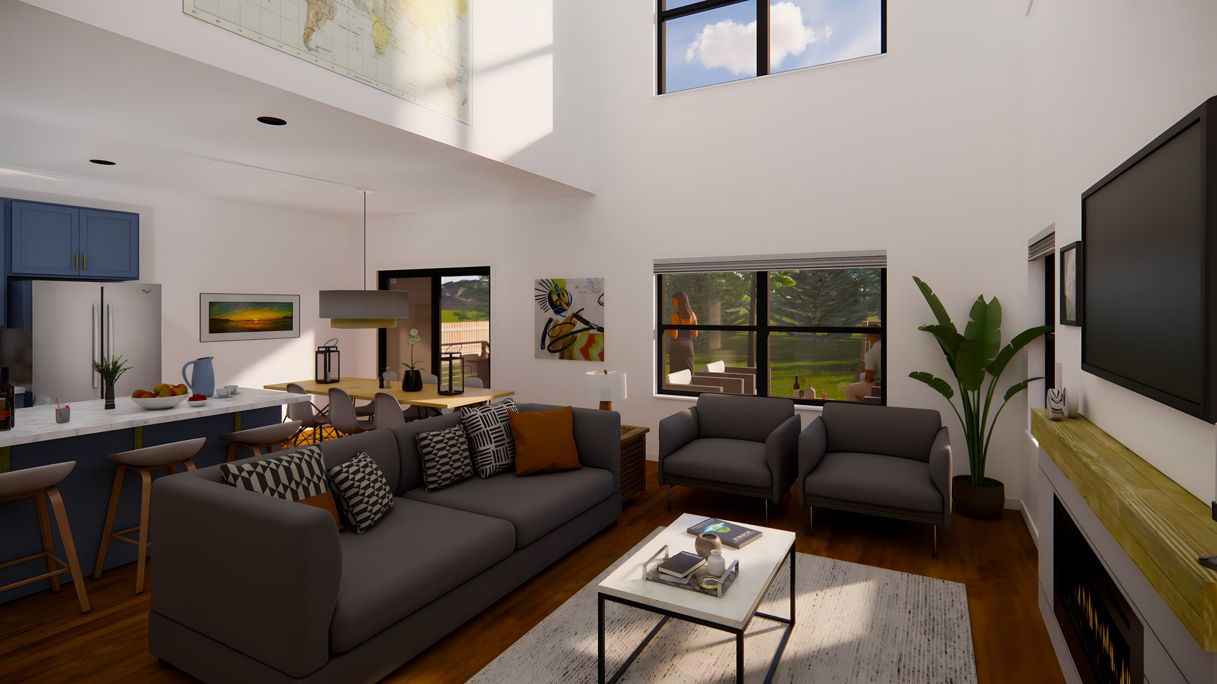 Modern living room and kitchen with gray sofa, armchairs, blue cabinets, dining table, wall art, large windows, and indoor plant.