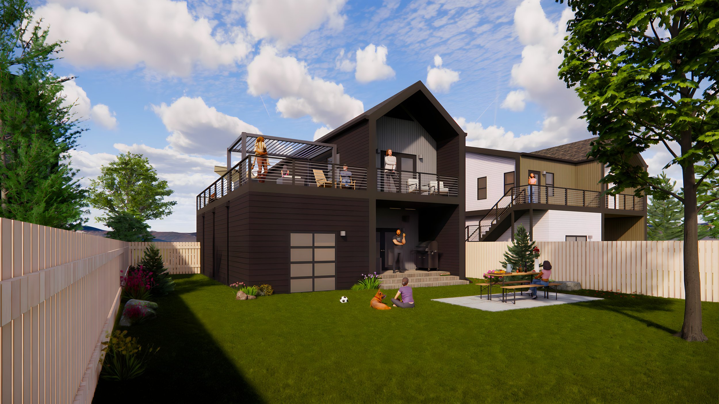 Modern two-story house with a dark exterior, large balcony, people socializing, and a fenced yard. The yard has a picnic table, grass, trees, and a dog. The sky is partly cloudy.