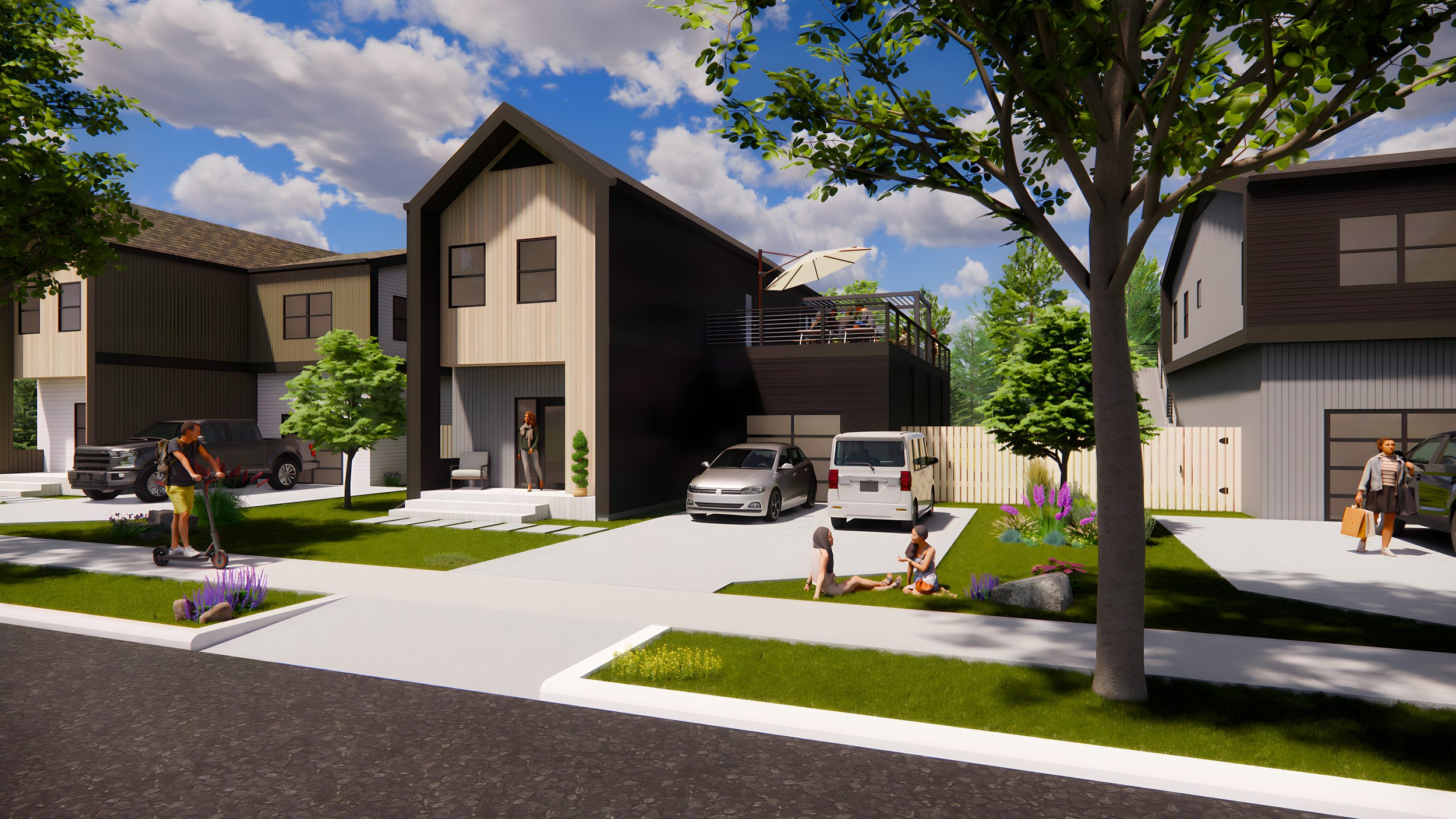 Modern suburban neighborhood scene with people and cars outside homes, including a person on a scooter, someone walking a dog, and individuals on a lawn. The houses feature contemporary architecture with large windows and a rooftop deck.
