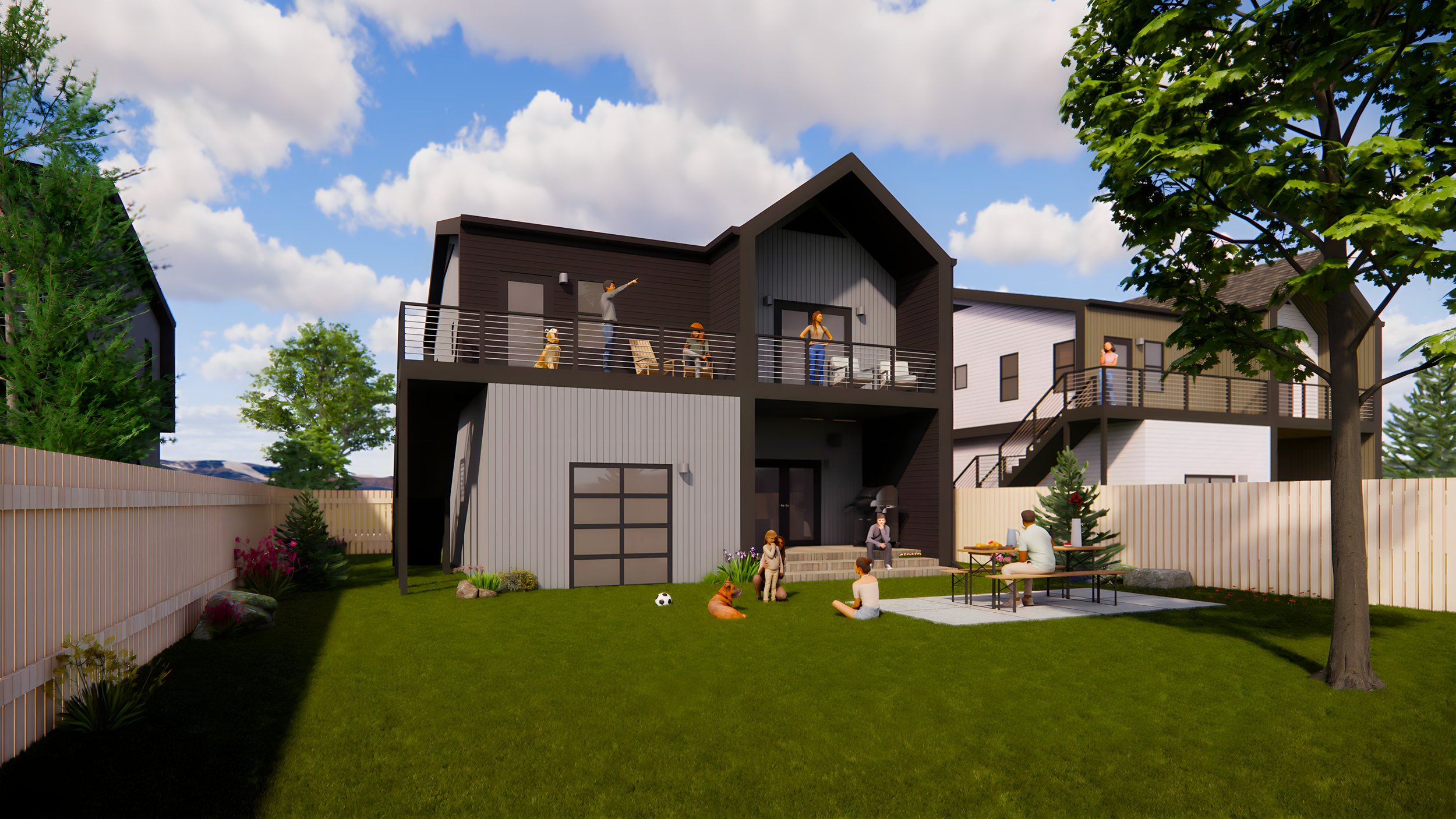 Modern two-story house with people socializing in the yard, featuring a patio, trees, and a dog playing on the grass.