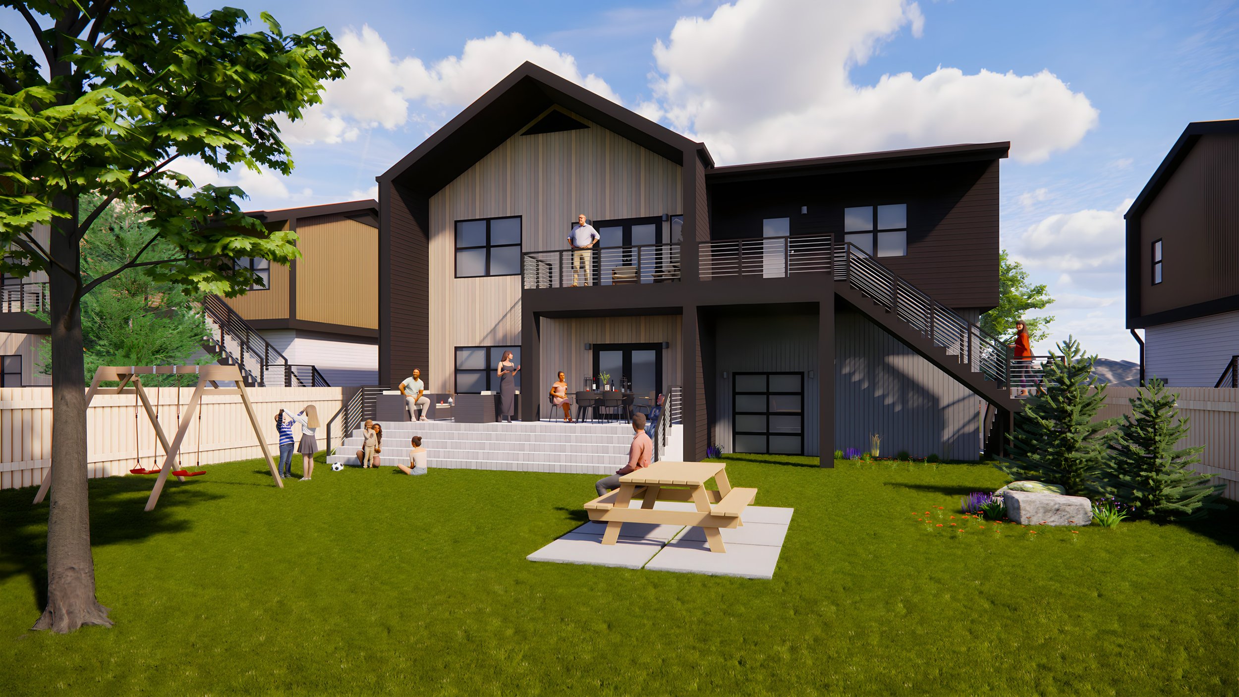 Modern two-story house with people on the patio and balcony, a landscaped yard, swings, picnic table, and a tree.