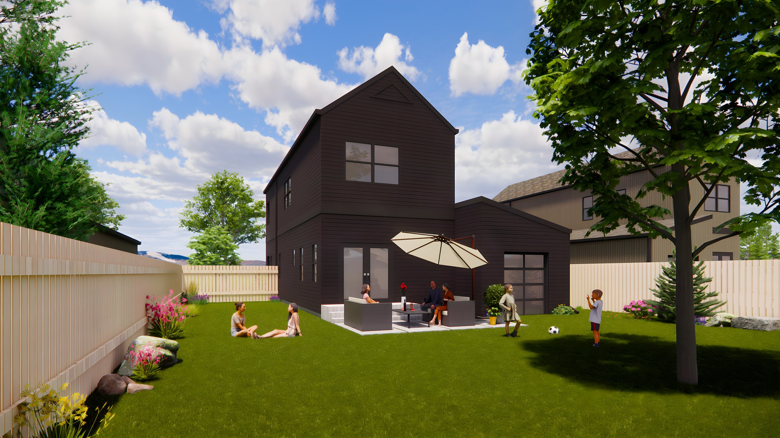 Modern suburban backyard with family relaxing, featuring a dark-colored house, patio with an umbrella, fence, and garden.