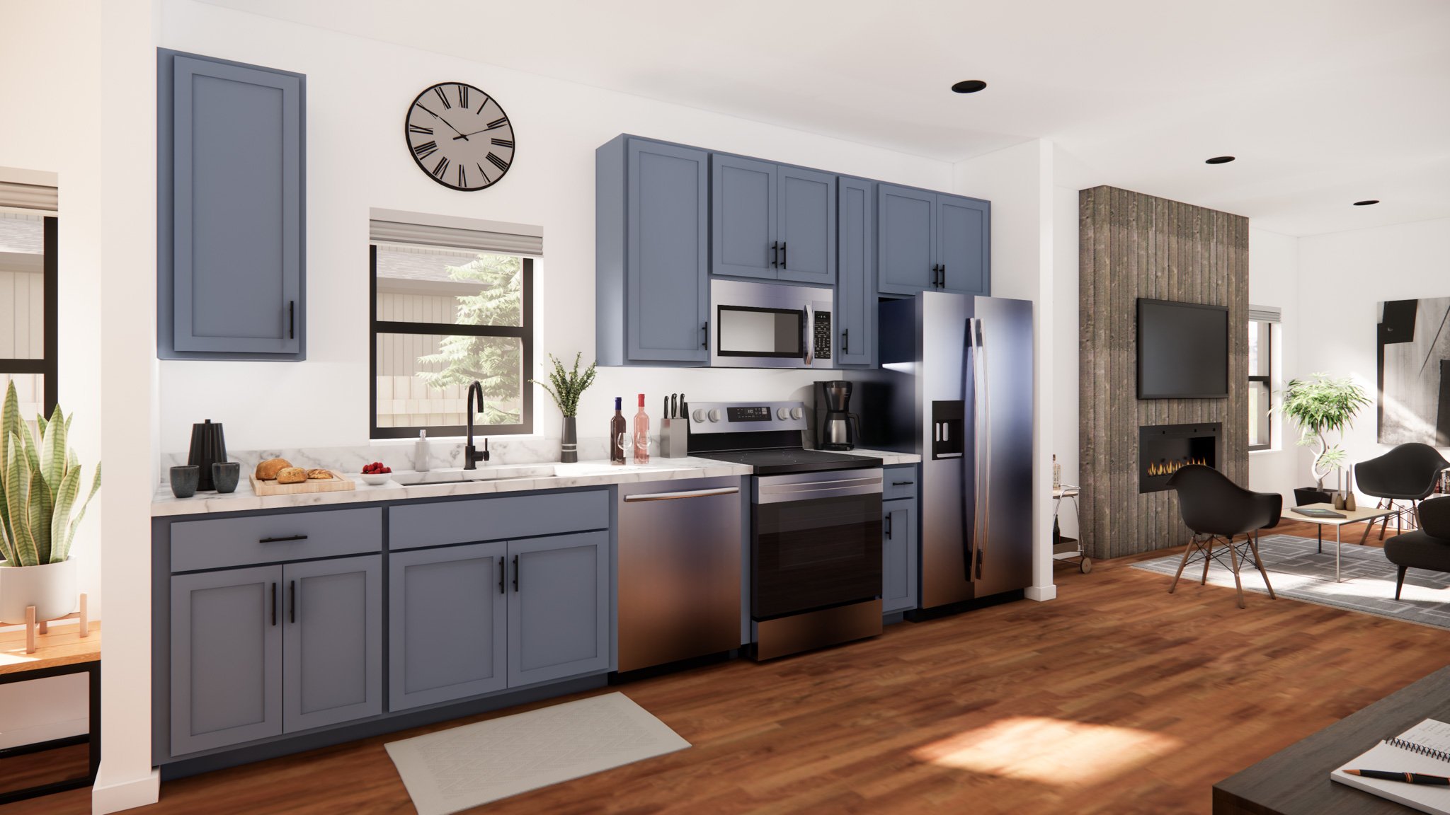 Modern kitchen and living area with blue cabinets, stainless steel appliances, wood flooring, wall clock, fireplace, and minimalist furniture.