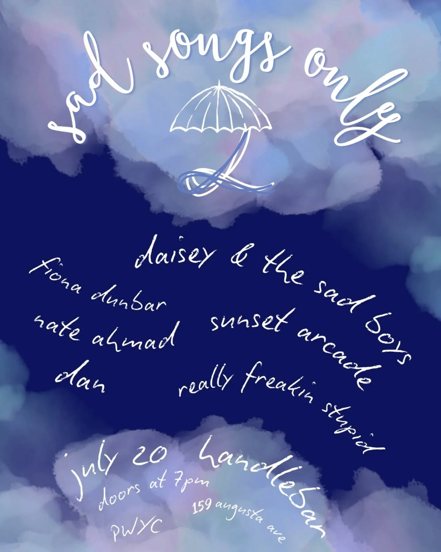 🌧 WE'RE DOING SAD SONGS ONLY 2 🌧

Sad Songs Only is back and sadder than ever 🥲 I'm so excited to announce we'll be back at @handlebar_to on July 20 with SIX (6) incredible artists and bands to showcase the best sad songs the world has to offer. I