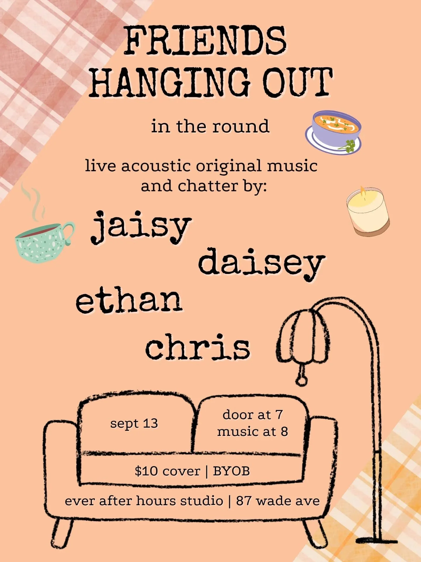 what if we all hung out in the round 👉👈

me n my friends @jaisydaisyy @ethanchad.wav @christophermusicma are gonna be sharing some original music and chatter on sept 13 at @everafterhourss 💕
bring a drink and a snack and join us for a warm and coz