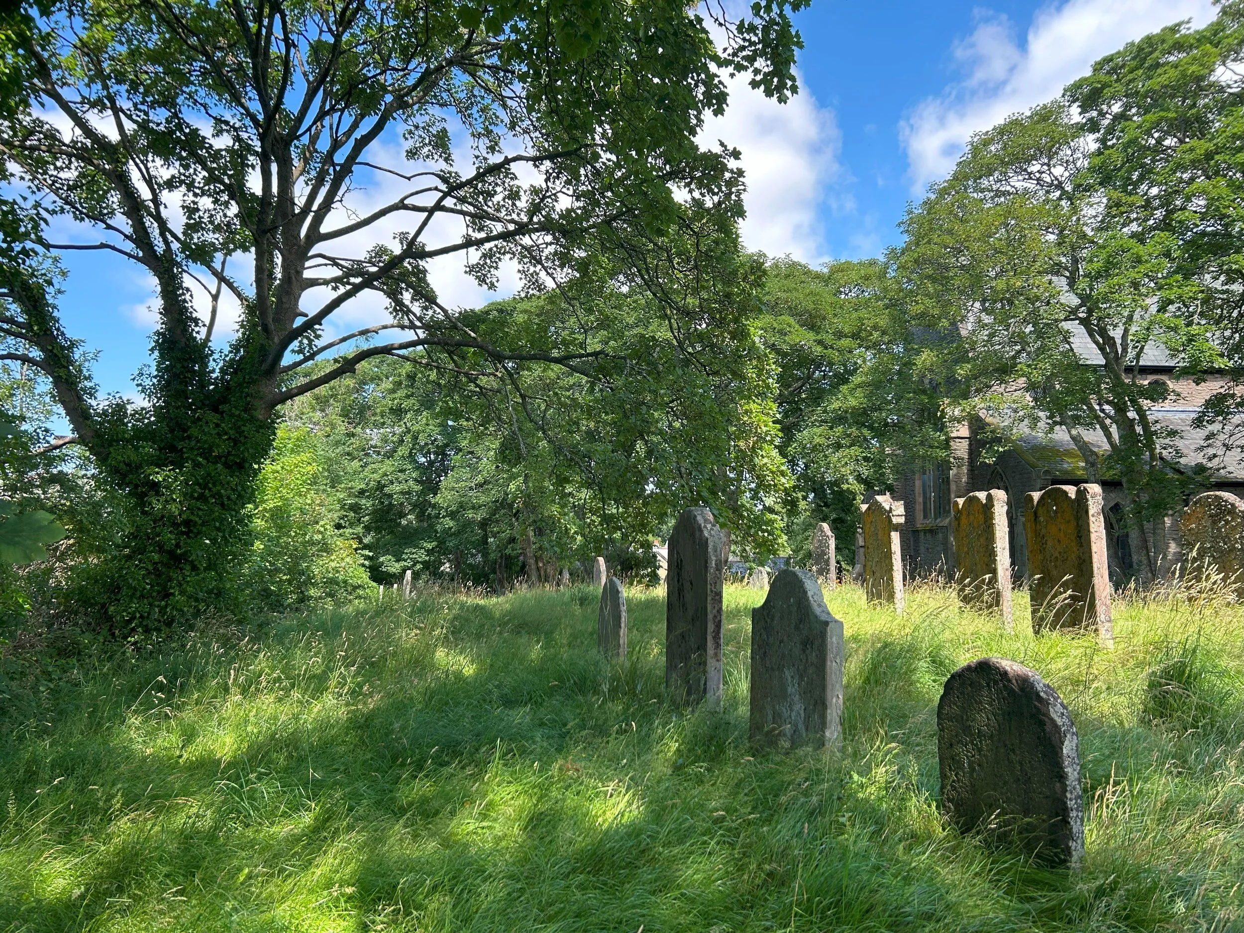 Old gravestones in a grassy meadow with part of the church in the background on the right.