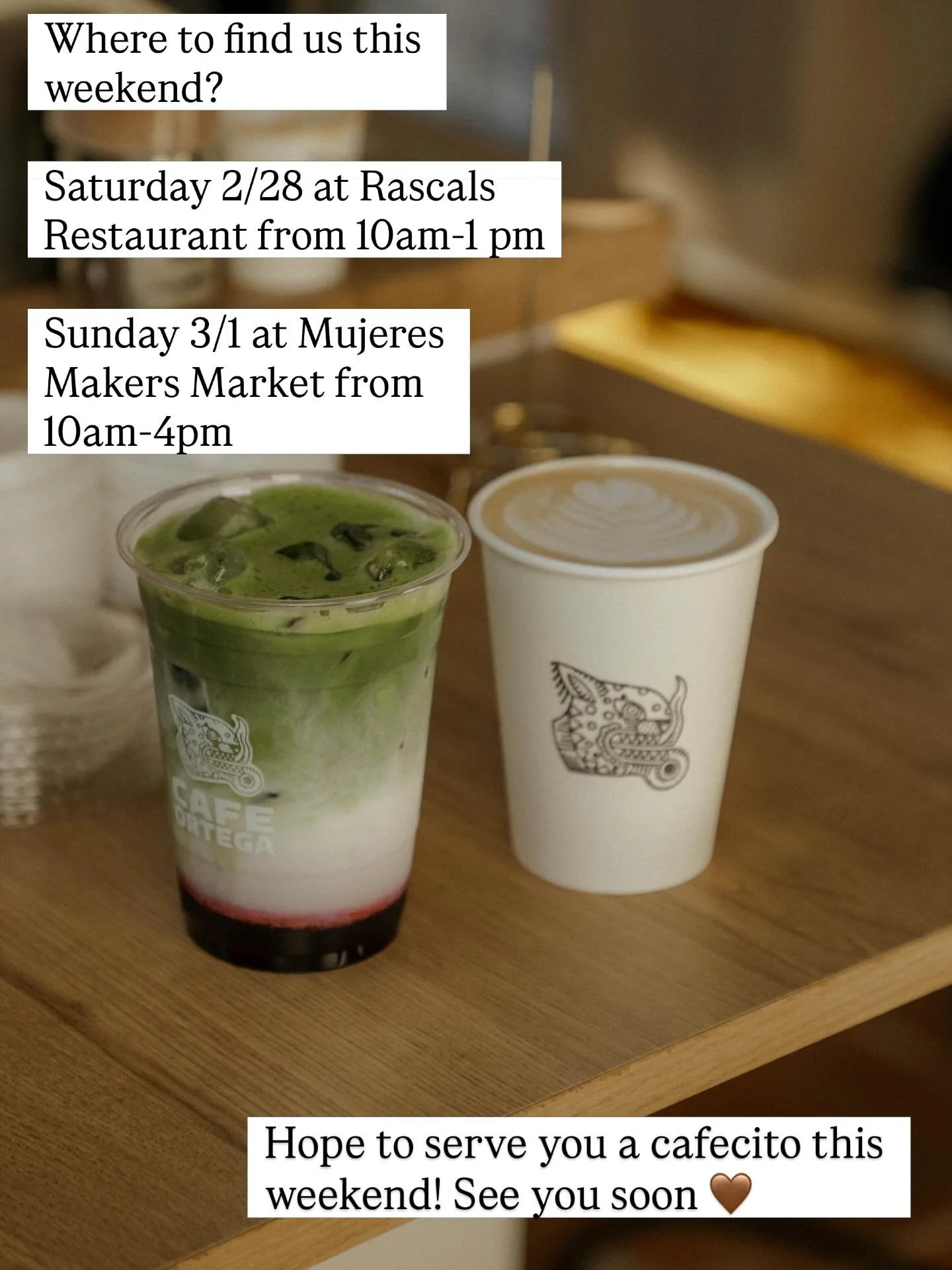 Hope to see you this weekend 🌞

@rascals.rest Saturday from 10am-1pm grab breakfast and a cafecito ☕️

@mujeresmakersmarket Sunday from 10am-4pm come celebrate international women&rsquo;s day shop with a cafecito in hand 🤎