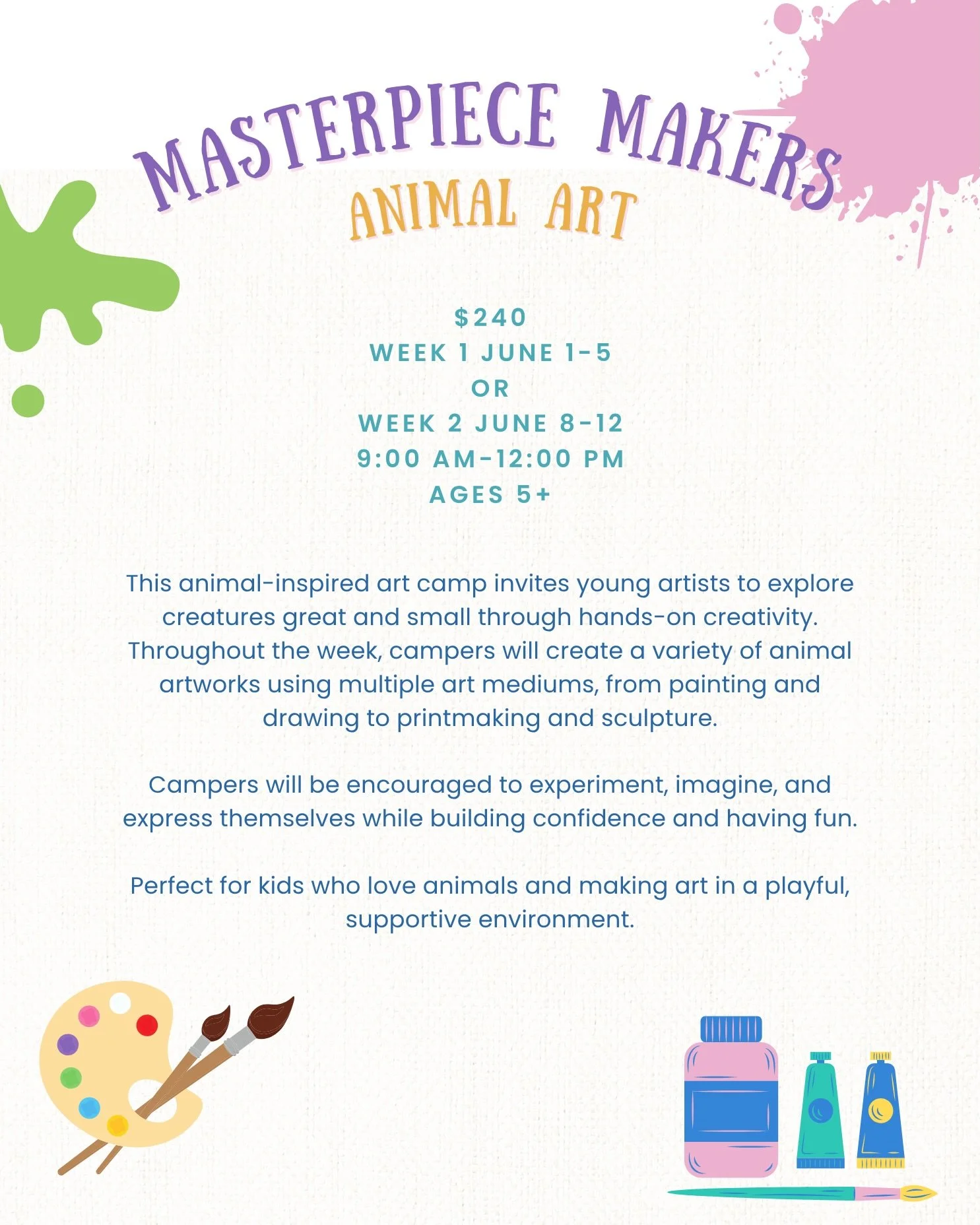 🎨🤠 Two unforgettable adventures are coming to Hidden Hills Ranch this summer!

From painting and sculpting animal inspired creations in Masterpiece Makers: Animal Art to building forts and tackling trail challenges in Wagon Woes, these camps are de
