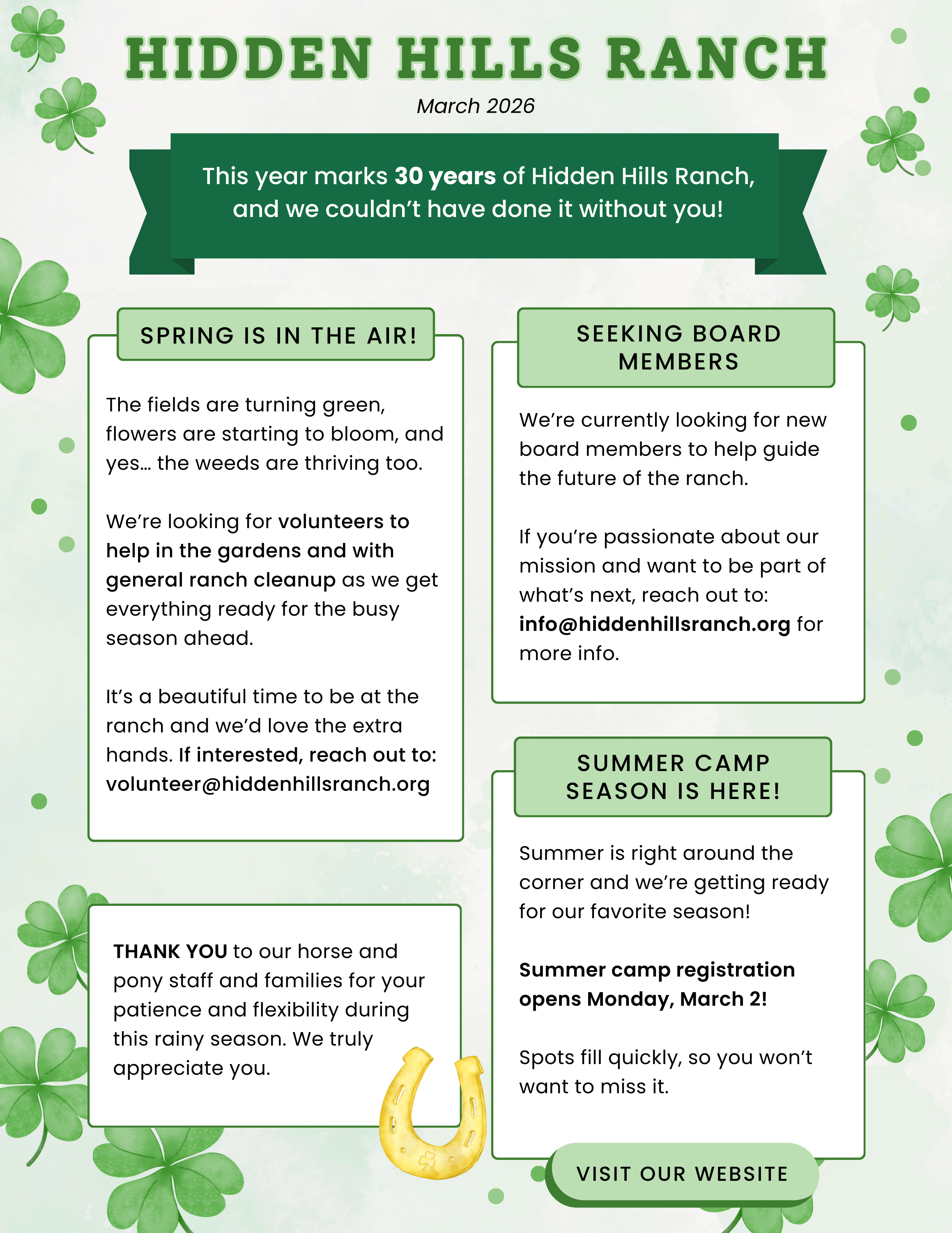 A festive St. Patrick's Day themed flyer from Hidden Hills Ranch with green shamrocks, a horseshoe, and announcements about ranch activities and events.