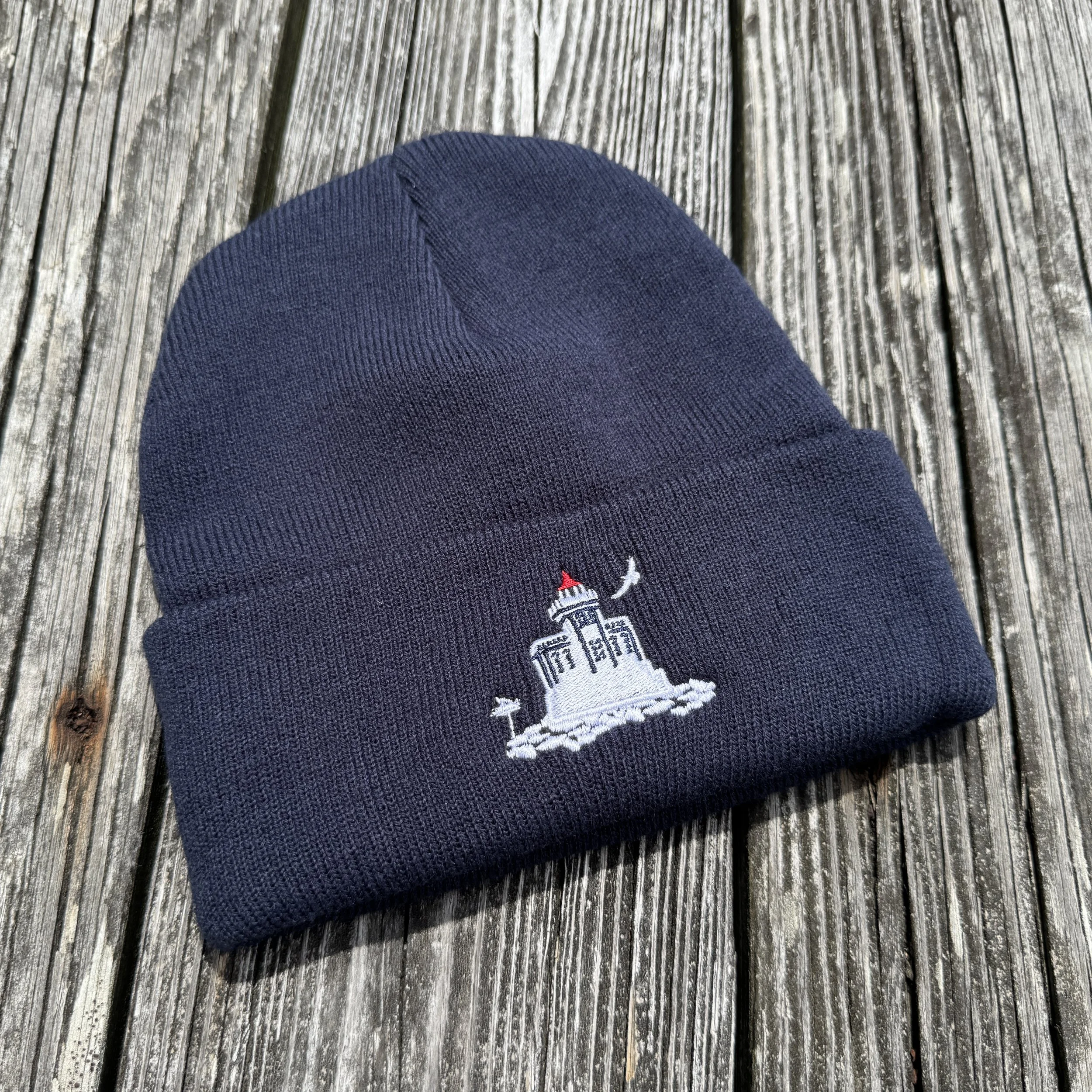Huntington Lighthouse embroidered on knit beenie