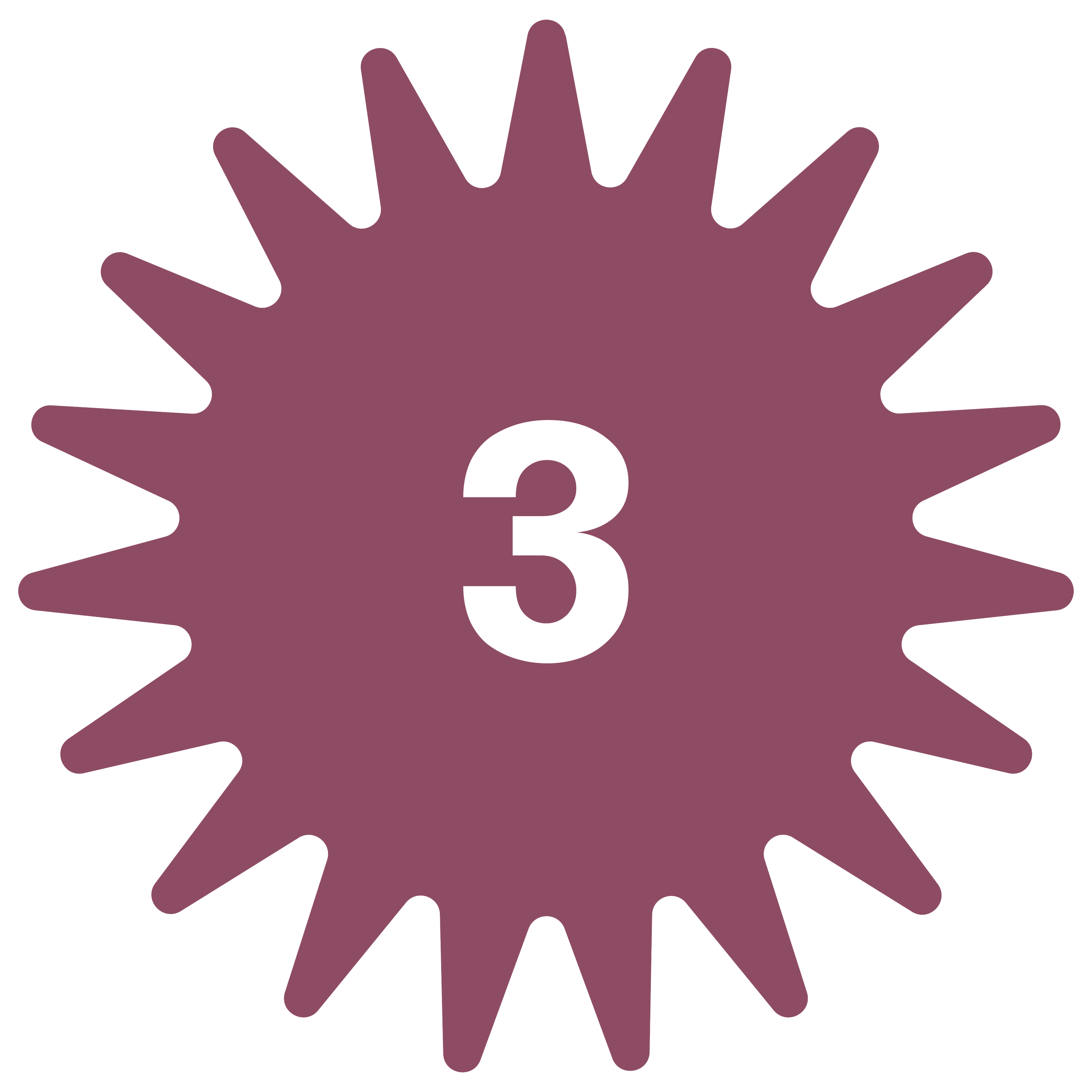 Purple starburst shape with the number 3 in the center
