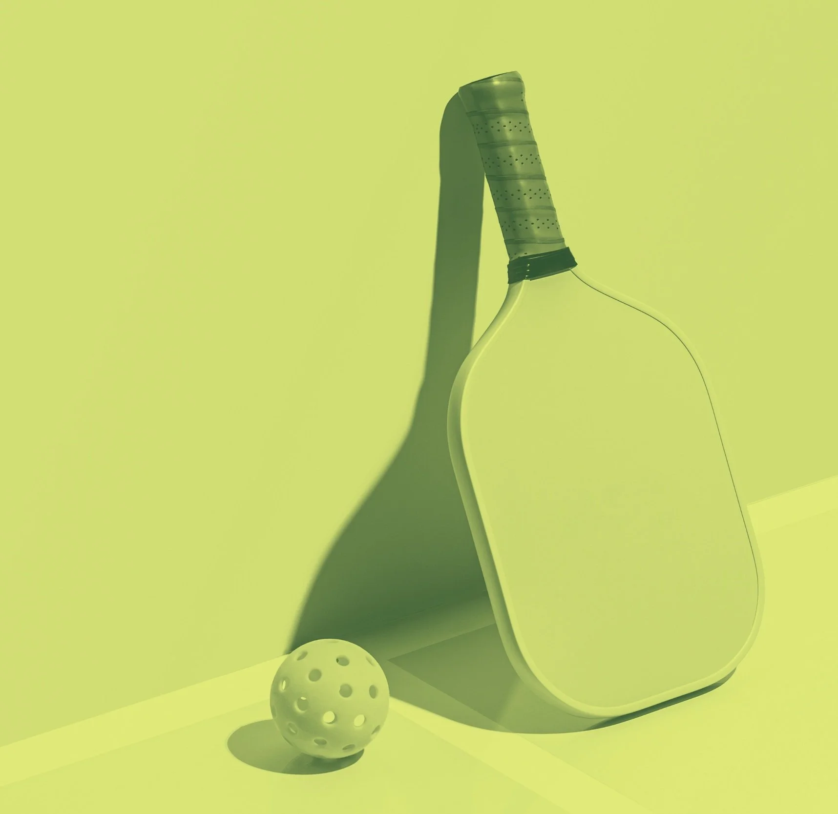 Pickleball paddle and wiffle ball on yellow background
