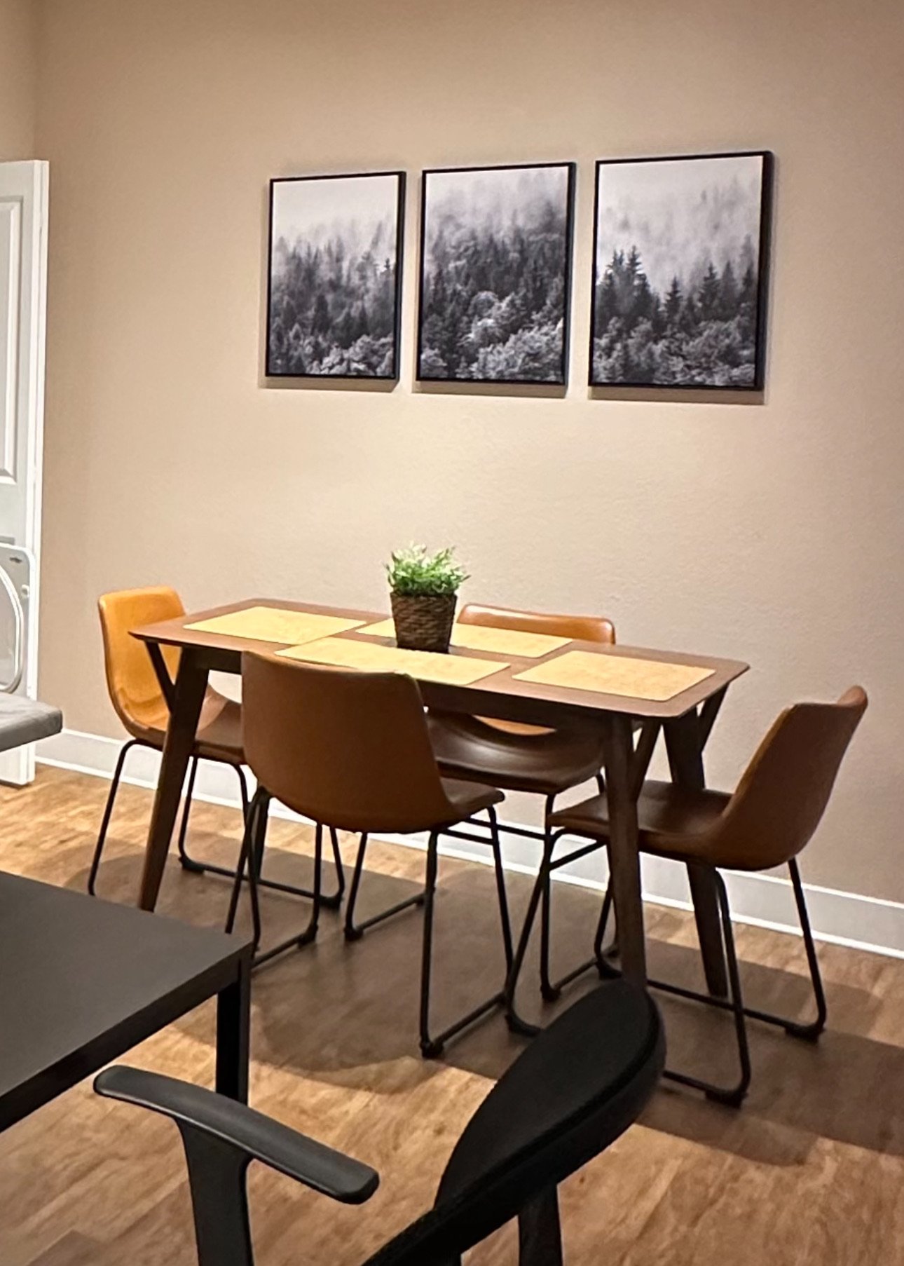 A dining area with a wooden table and four brown chairs, a small potted plant in the center, and three framed black-and-white landscape photos on a beige wall.