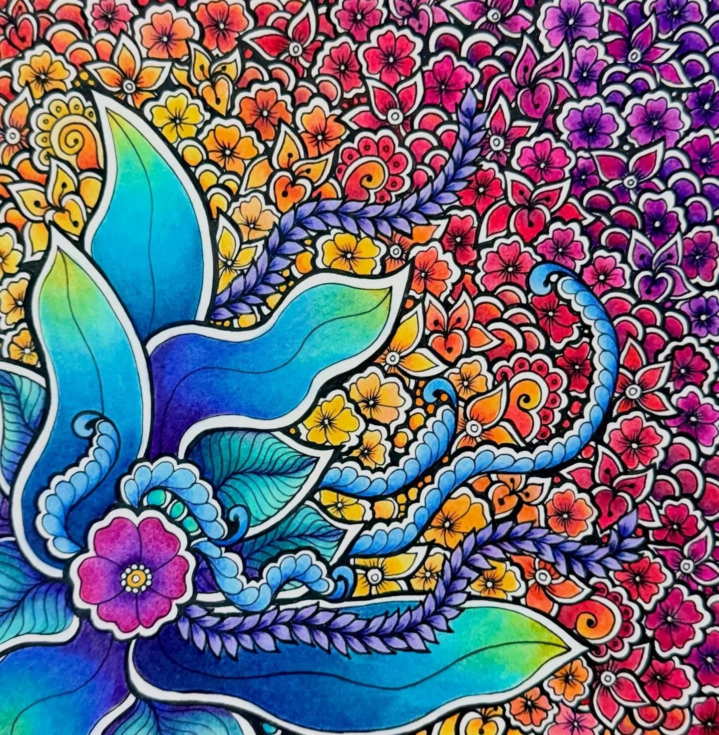 Well, this one was a ride. I was passionately in love with it when I finished the green/teal/blue section. Then, upon adding the yellow and orange, I equally passionately hated it. The red helped, as did the purple, and I think I pulled it out of the