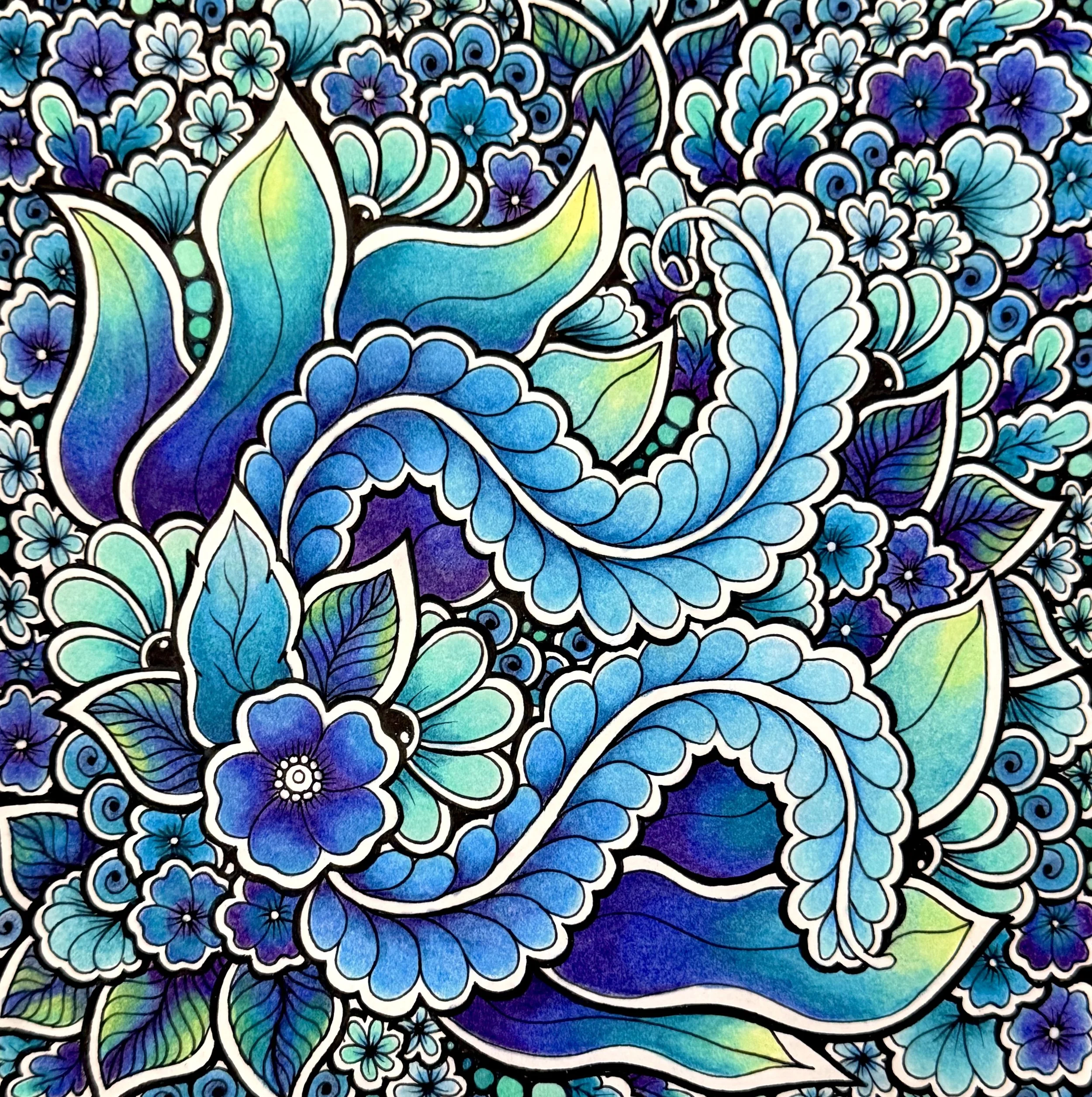Colorful floral pattern with blue, teal, and green flowers outlined in black on a black background.