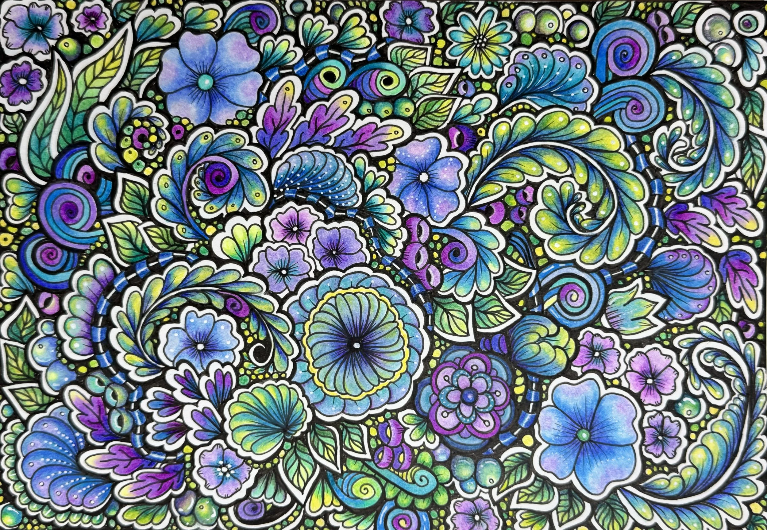 Colorful abstract floral pattern with blue, purple, green, and yellow flowers and leaves, outlined in black, creating a vibrant, intricate design.