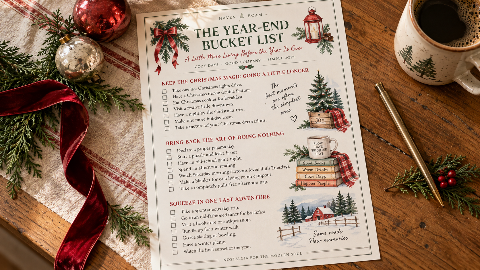 Printable Year-End Bucket List checklist on a wooden table beside greenery, a velvet ribbon, a coffee mug and a gold pen