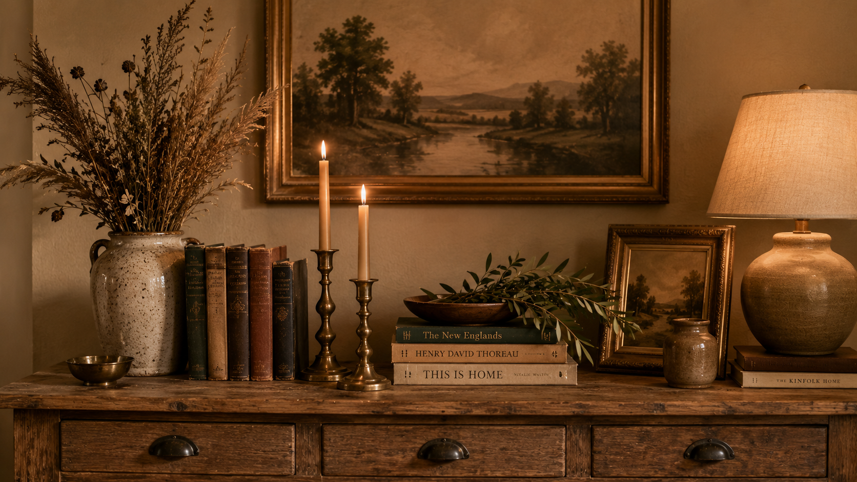 Wooden sideboard styled with vintage books, brass candlesticks, dried grasses in a stoneware vase, and a framed landscape painting.