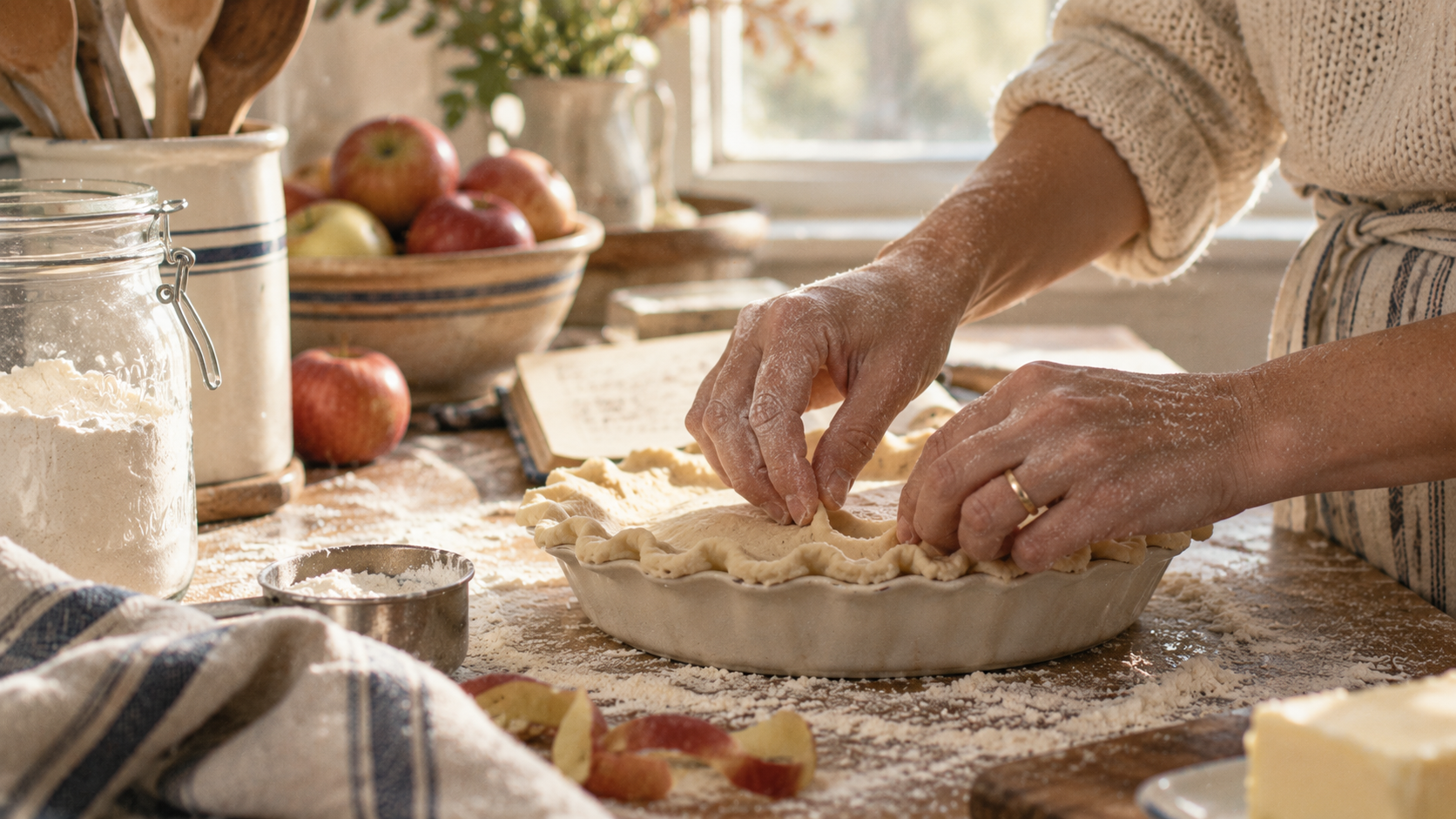 Hands crimping pie crust in a ceramic pie dish on a flour-dusted counter, surrounded by apples, butter, and a vintage flour jar during Thanksgiving pie baking