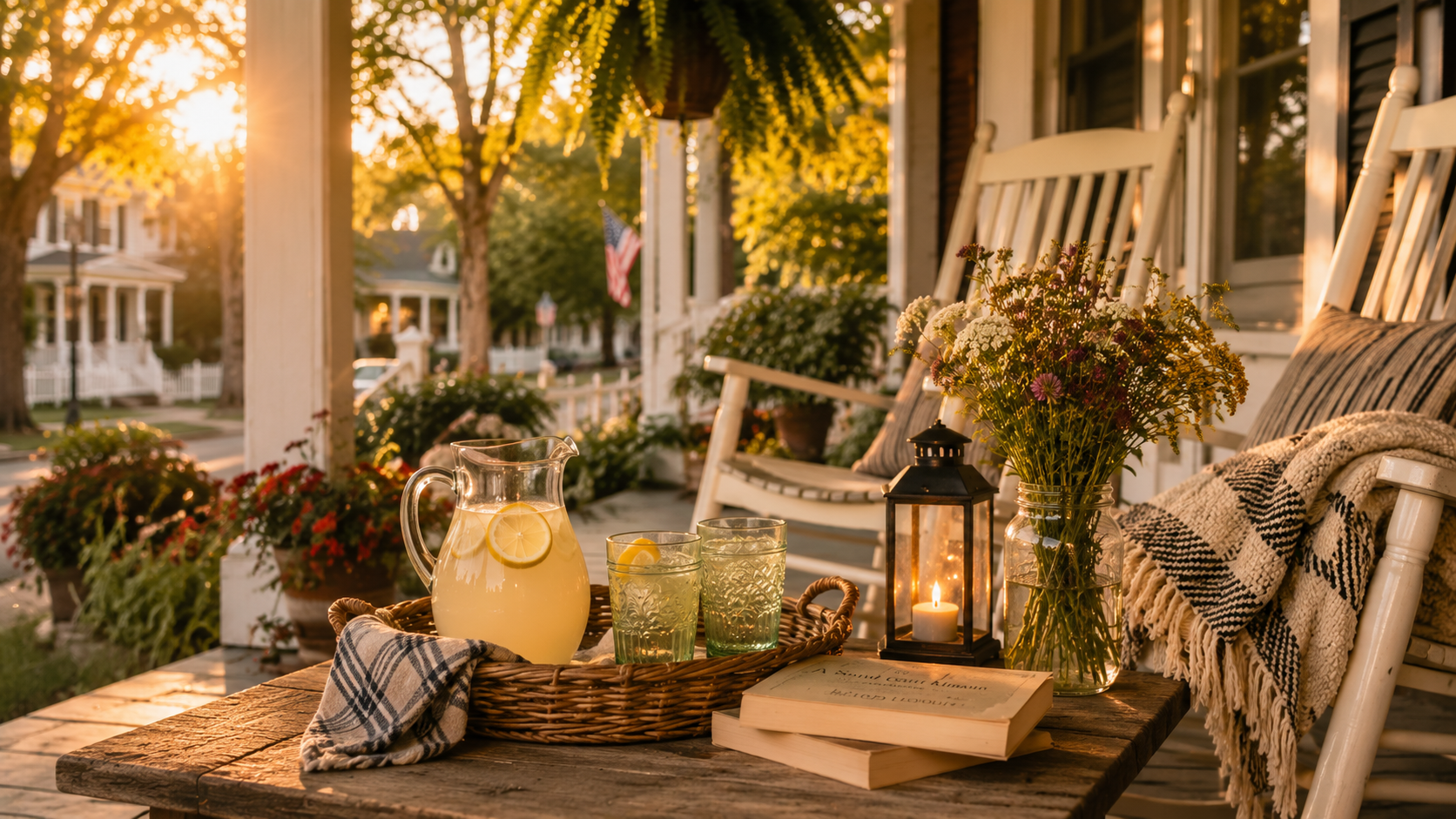 Rustic front porch coffee table with fresh lemonade, wildflowers, vintage lantern, paperback books, and a woven throw blanket at sunset.