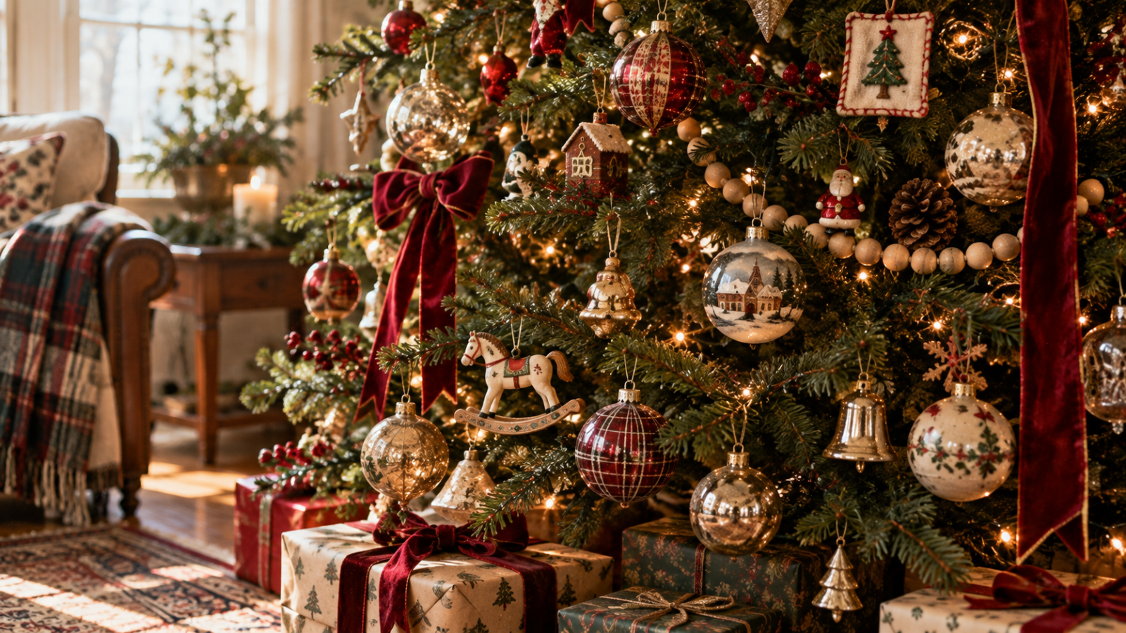 Close-up of a vintage-style Christmas tree with mercury glass ornaments, a rocking horse, felt and gingerbread house ornaments, wooden bead garland, and red velvet bows, above gifts wrapped in tree-print paper