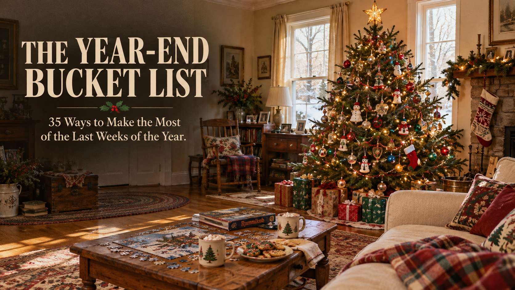 “The Year-End Bucket List: 35 Ways to Make the Most of the Last Weeks of the Year” over a sunlit living room with a decorated Christmas tree, plaid throws and cookies on the coffee table
