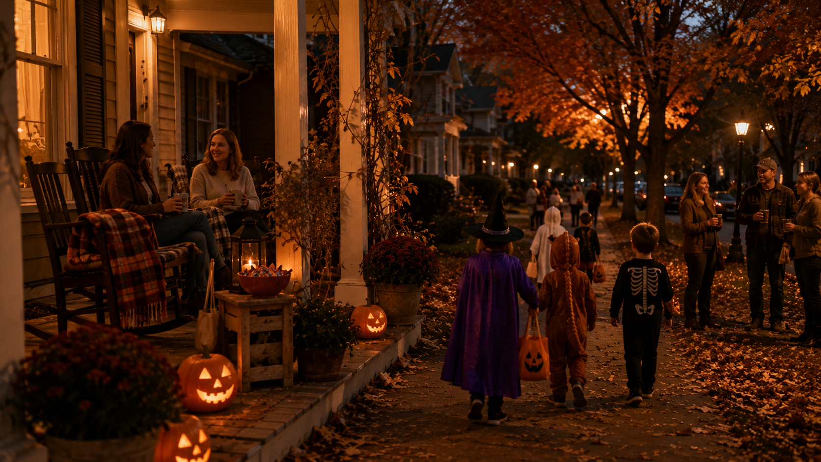 Neighbors sitting on a front porch in rocking chairs greeting trick-or-treaters walking by on Halloween night.